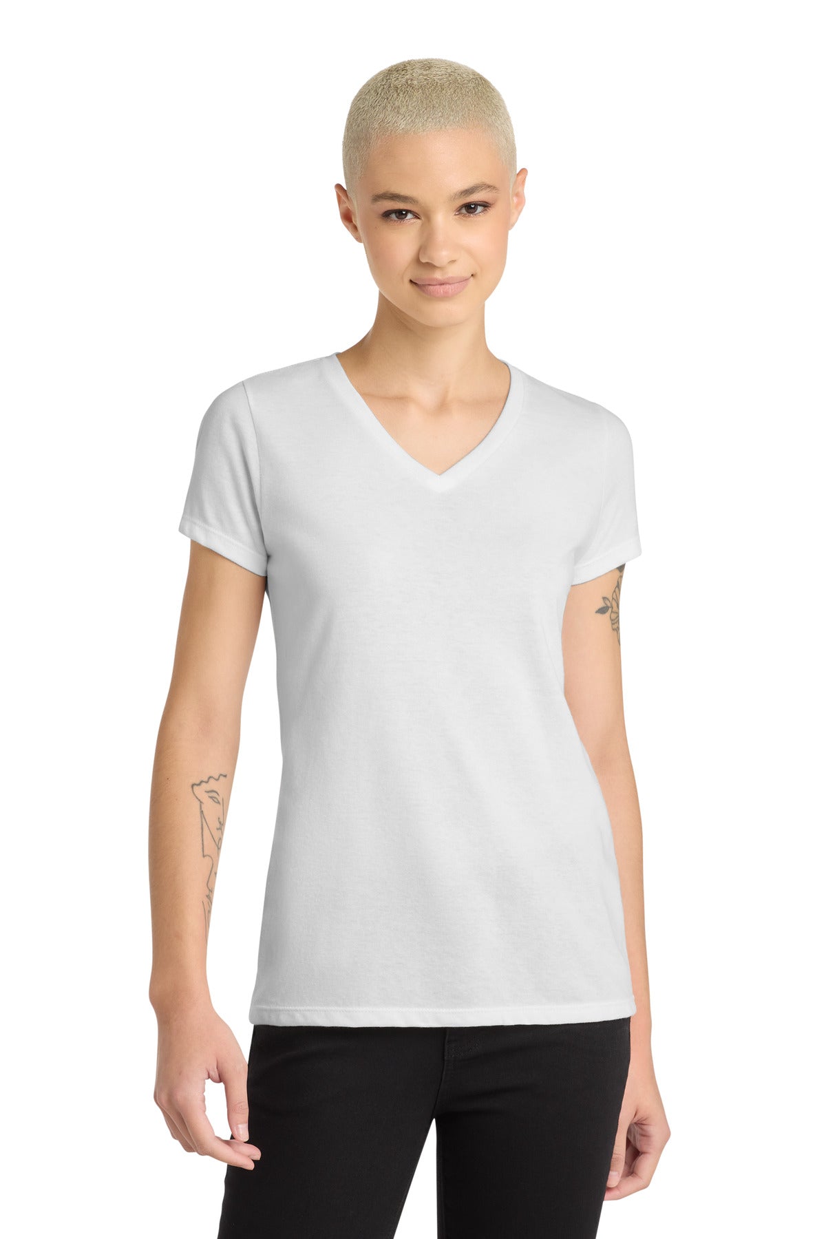 Custom White Women's Perfect Blend CVC V-Neck Tee DM1190L, personalized by SanCanDo Swag in Argyle, TX