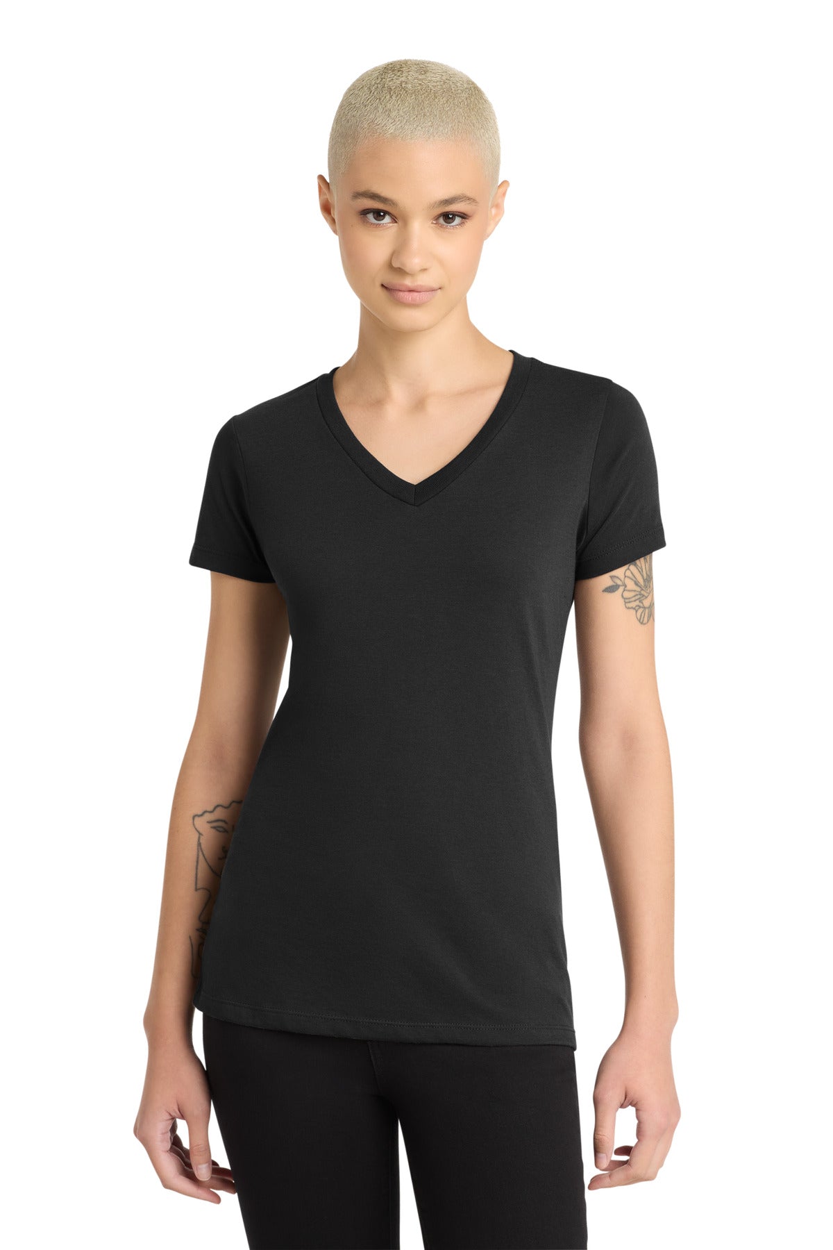 Custom Black Women's Perfect Blend CVC V-Neck Tee DM1190L, personalized by SanCanDo Swag in Argyle, TX