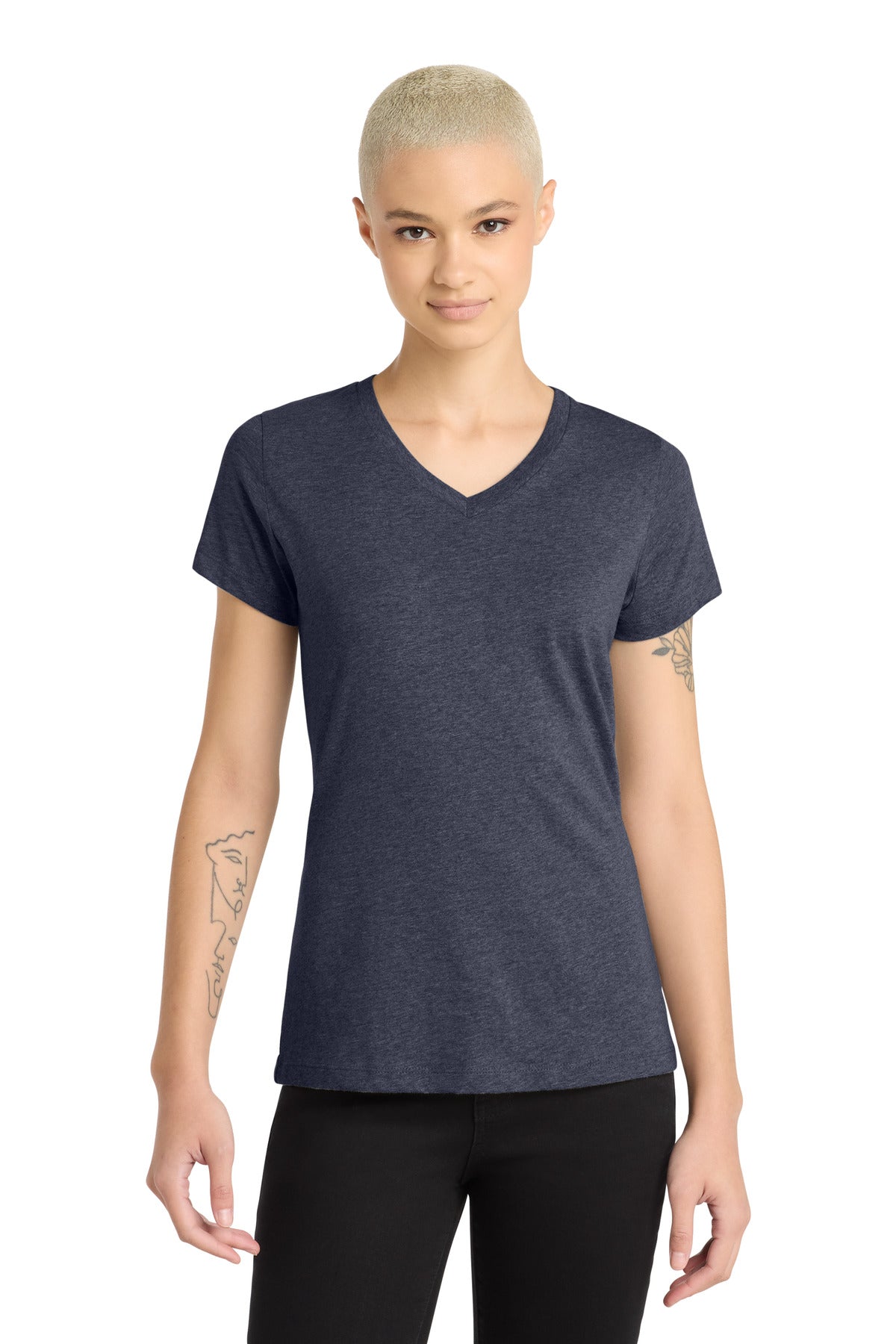Custom Heathered Navy Women's Perfect Blend CVC V-Neck Tee DM1190L, personalized by SanCanDo Swag in Argyle, TX