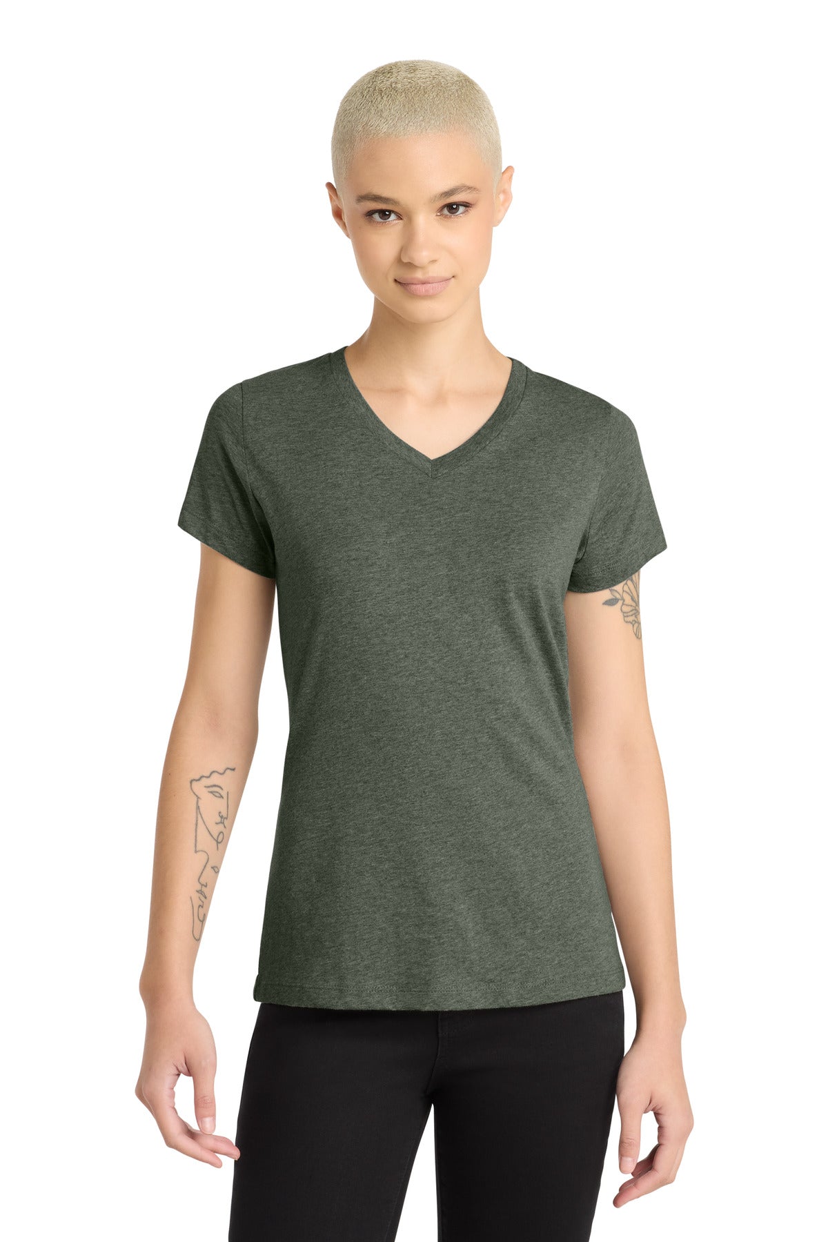 Custom Heathered Olive Women's Perfect Blend CVC V-Neck Tee DM1190L, personalized by SanCanDo Swag in Argyle, TX