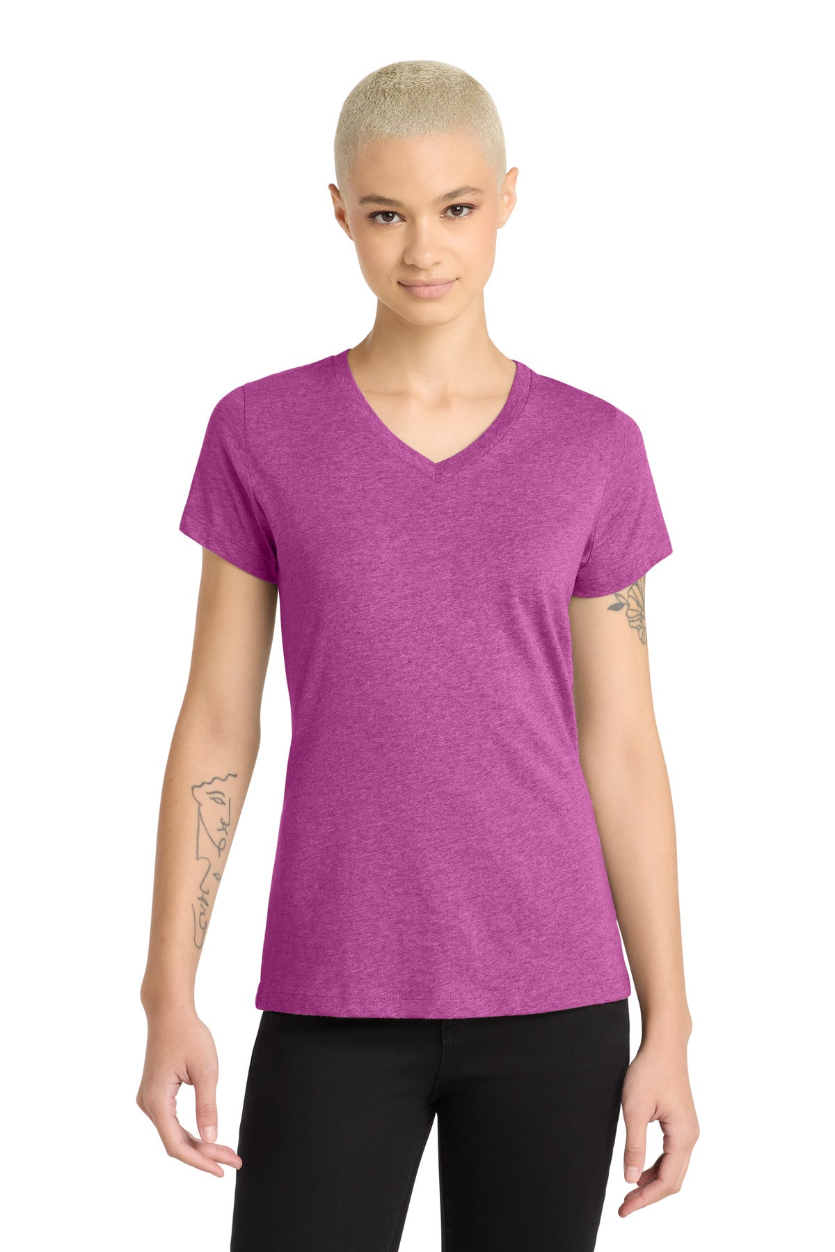Custom Heathered Pink Raspberry Women's Perfect Blend CVC V-Neck Tee DM1190L, personalized by SanCanDo Swag in Argyle, TX