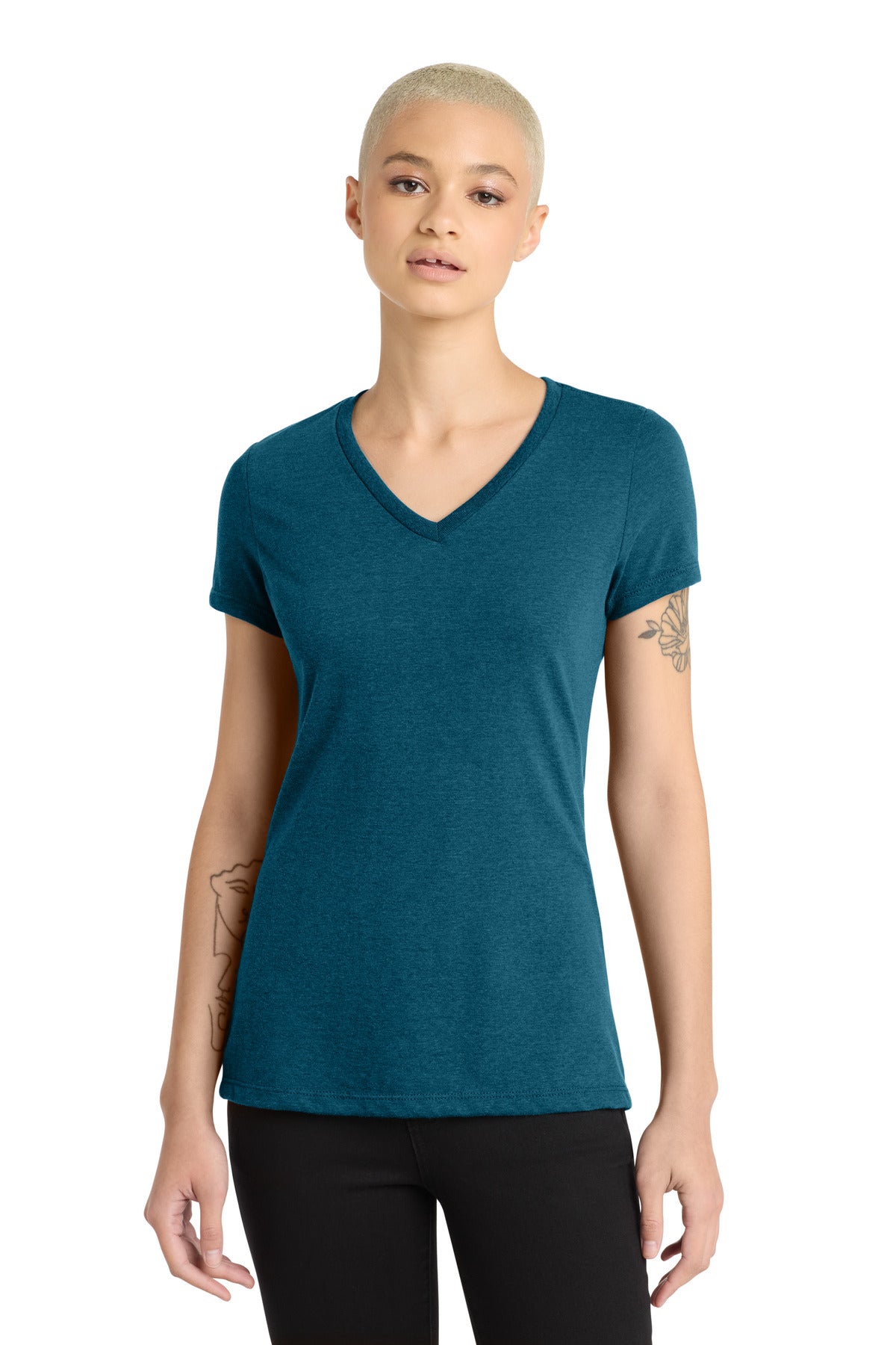 Custom Deep Turquoise Fleck Women's Perfect Blend CVC V-Neck Tee DM1190L, personalized by SanCanDo Swag in Argyle, TX