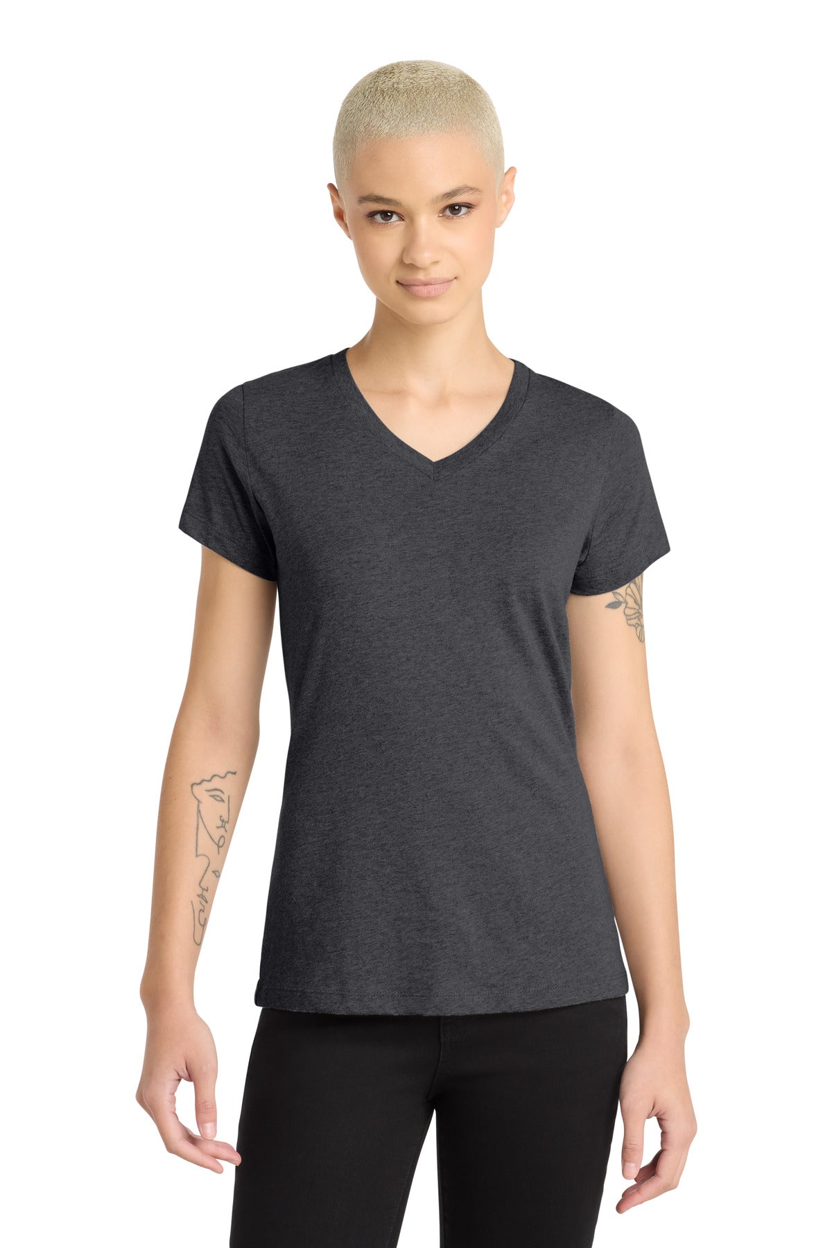 Custom Heathered Charcoal Women's Perfect Blend CVC V-Neck Tee DM1190L, personalized by SanCanDo Swag in Argyle, TX