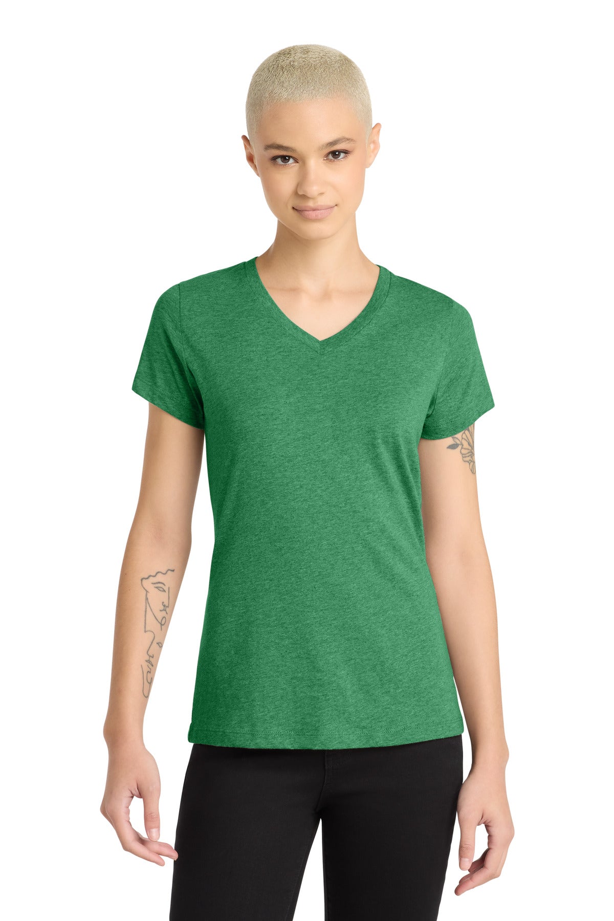 Custom Heathered Kelly Green Women's Perfect Blend CVC V-Neck Tee DM1190L, personalized by SanCanDo Swag in Argyle, TX