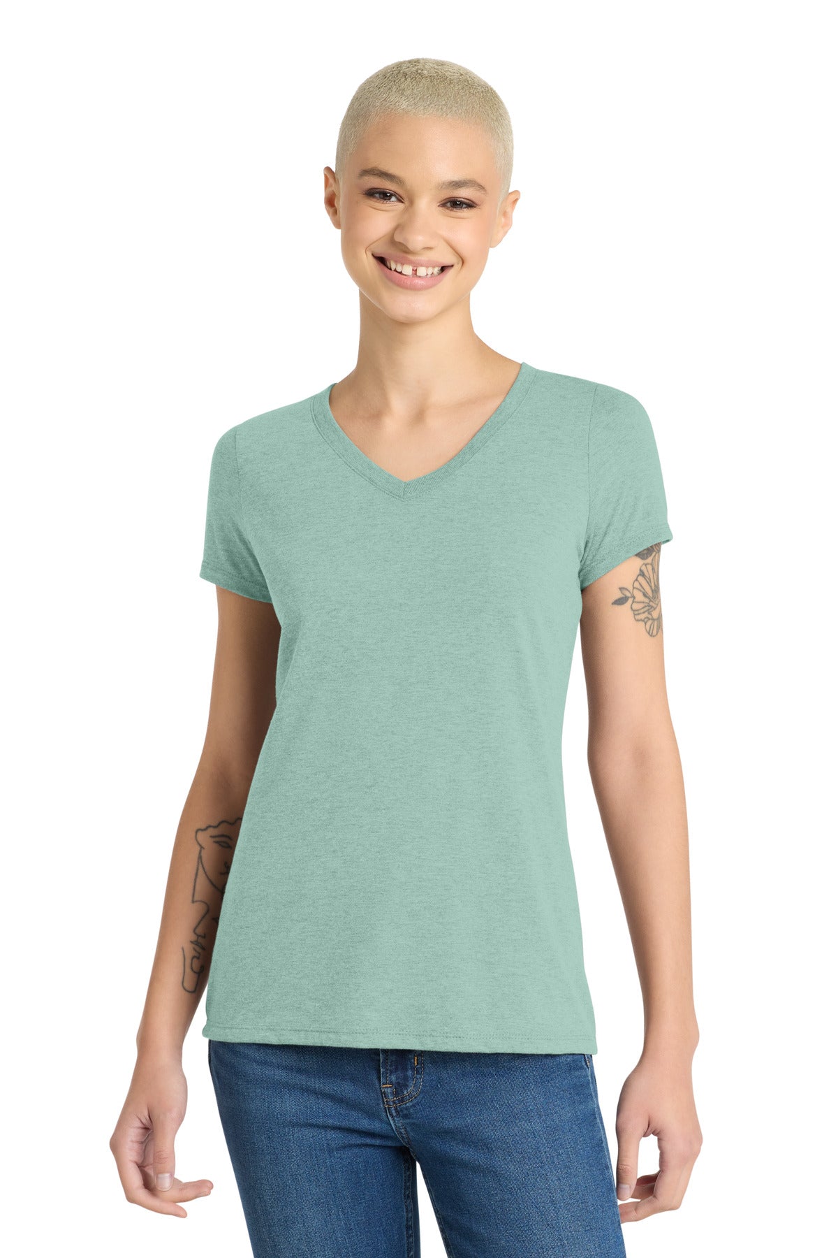 Custom Heathered Dusty Sage Women's Perfect Tri V-Neck Tee DM1350L, personalized by SanCanDo Swag in Argyle, TX