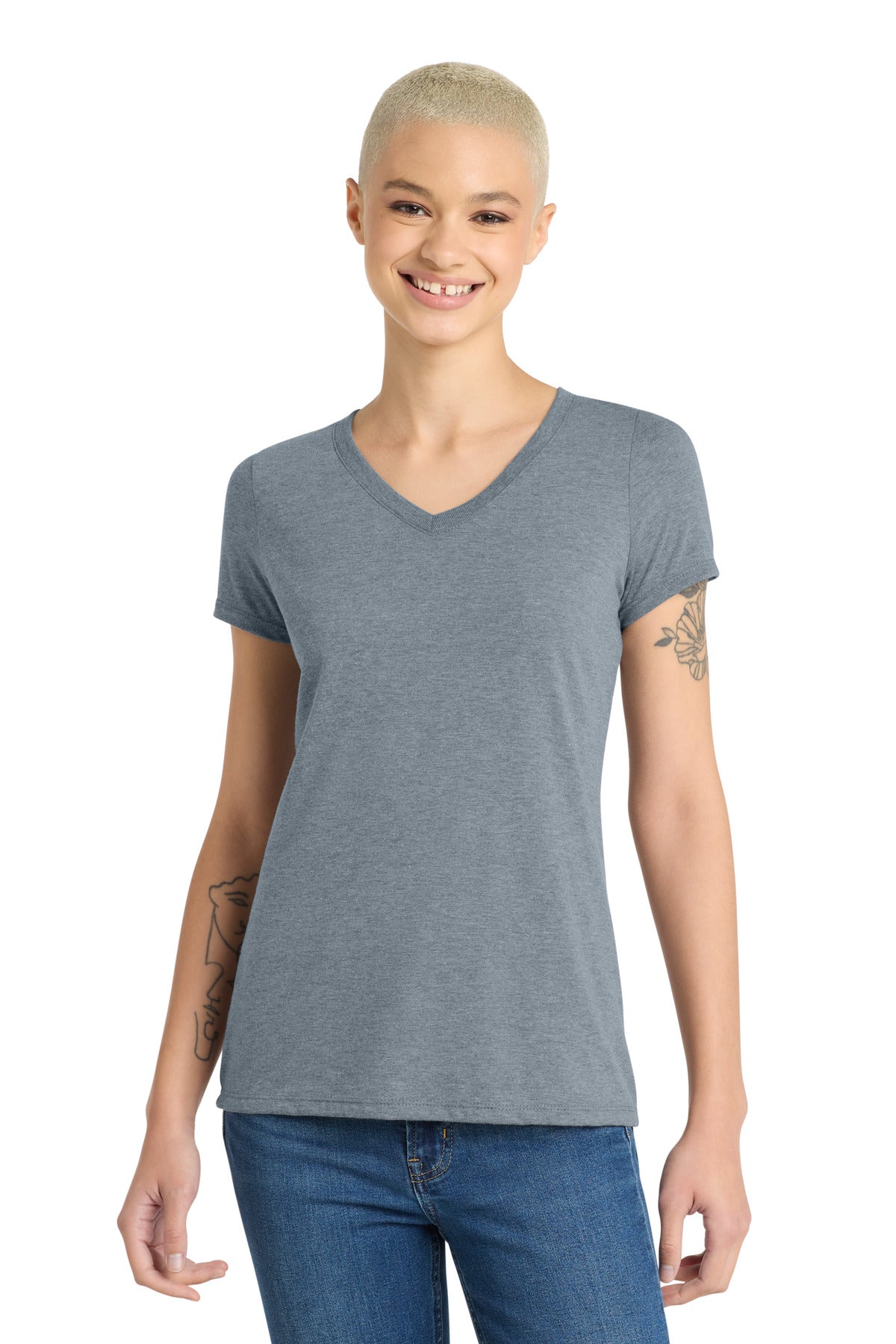 Custom Flint Blue Heather Women's Perfect Tri V-Neck Tee DM1350L, personalized by SanCanDo Swag in Argyle, TX