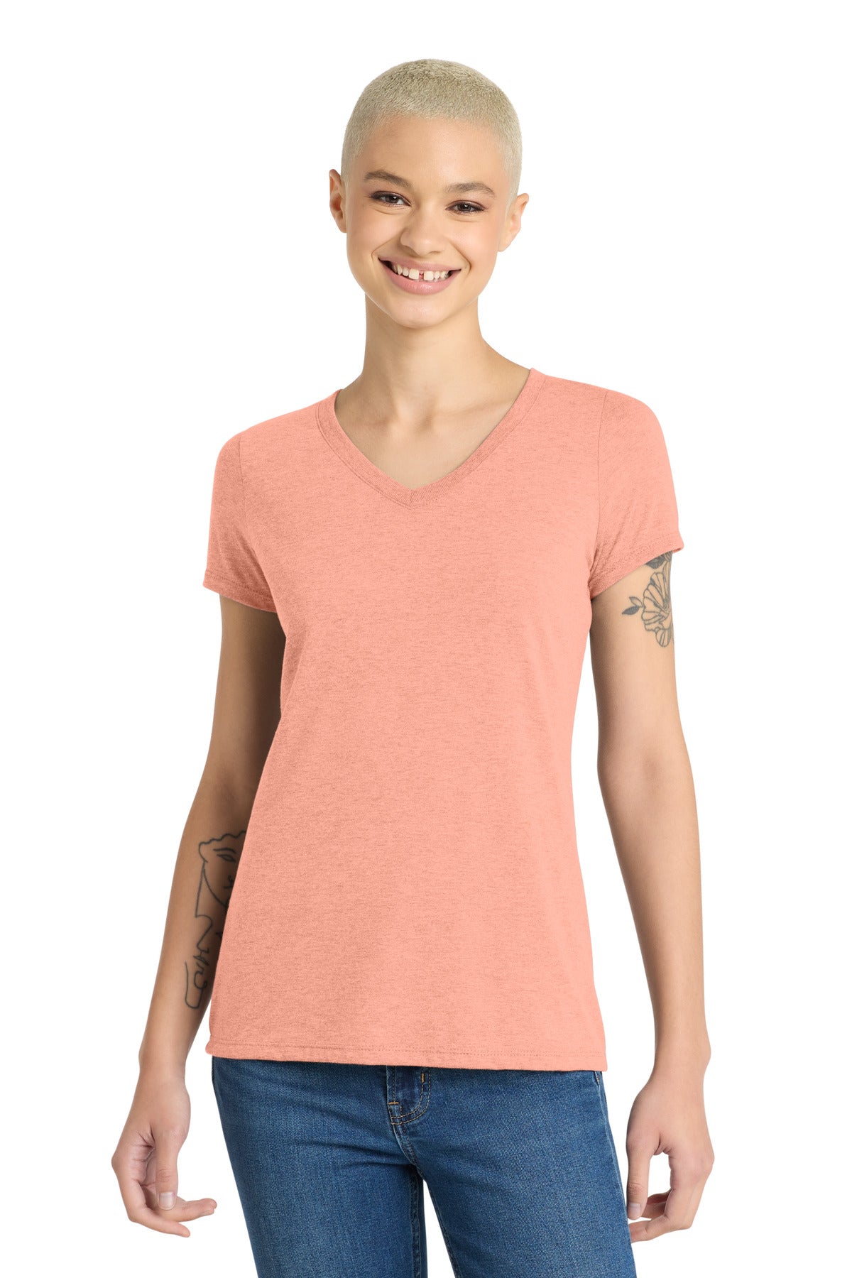 Custom Heathered Dusty Peach Women's Perfect Tri V-Neck Tee DM1350L, personalized by SanCanDo Swag in Argyle, TX