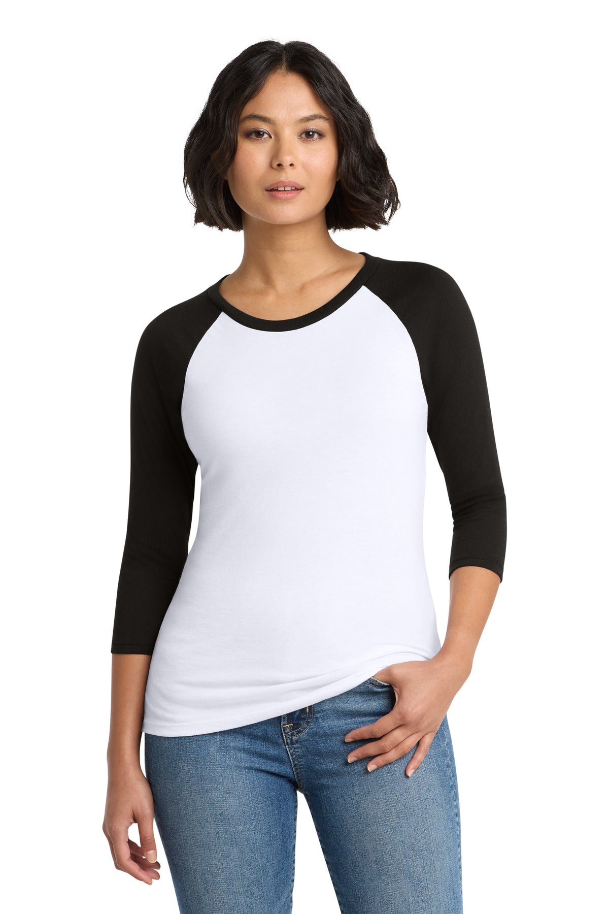 Custom Black/ White Women's Perfect Tri 3/4-Sleeve Raglan DM136L, personalized by SanCanDo Swag in Argyle, TX