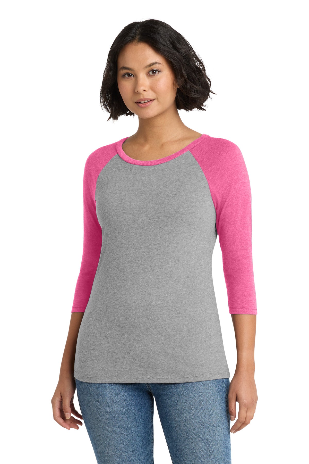 Custom Fuchsia Frost/ Grey Frost Women's Perfect Tri 3/4-Sleeve Raglan DM136L, personalized by SanCanDo Swag in Argyle, TX