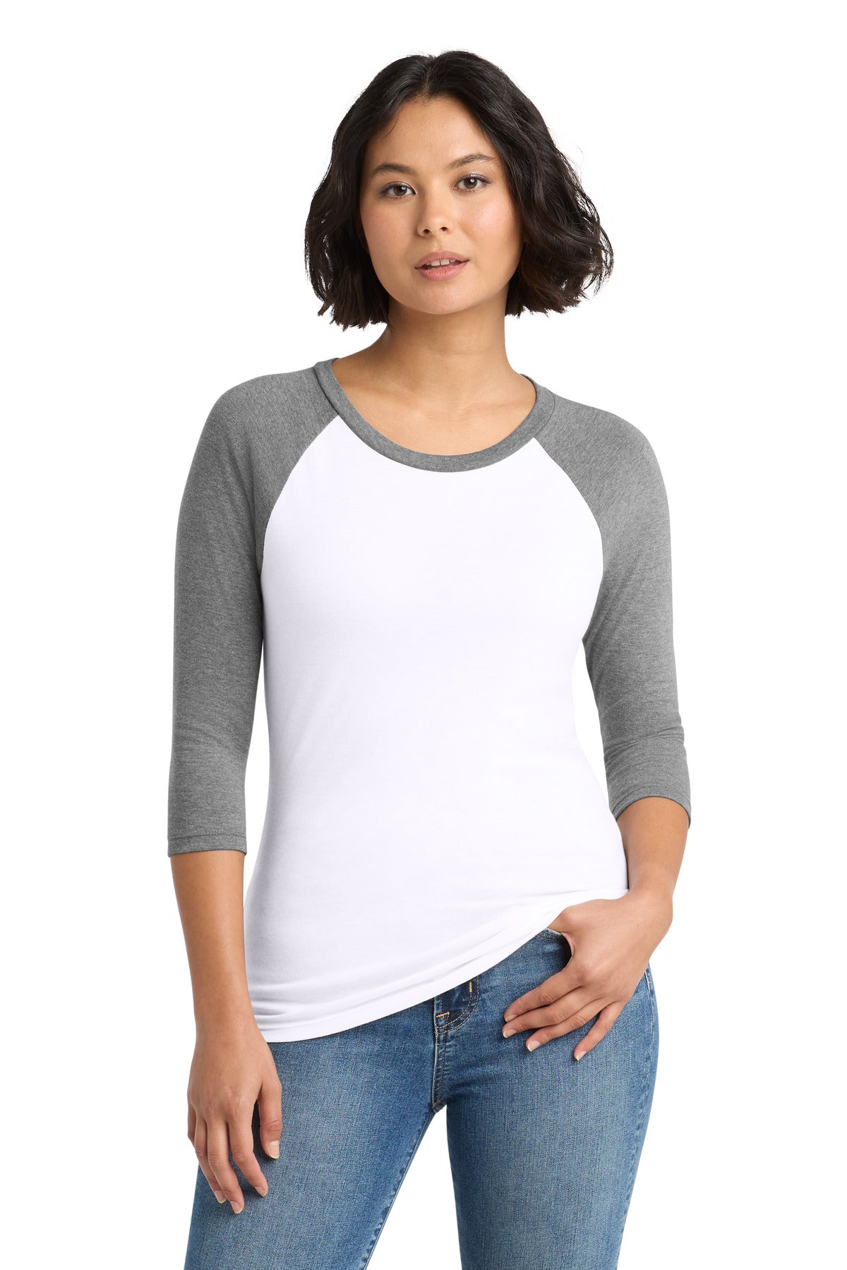 Custom Grey Frost/ White Women's Perfect Tri 3/4-Sleeve Raglan DM136L, personalized by SanCanDo Swag in Argyle, TX