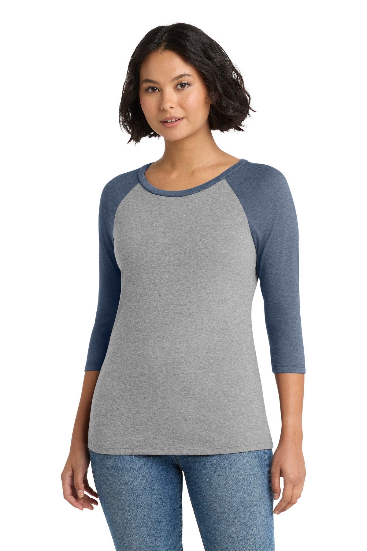 Custom Navy Frost/ Grey Frost Women's Perfect Tri 3/4-Sleeve Raglan DM136L, personalized by SanCanDo Swag in Argyle, TX