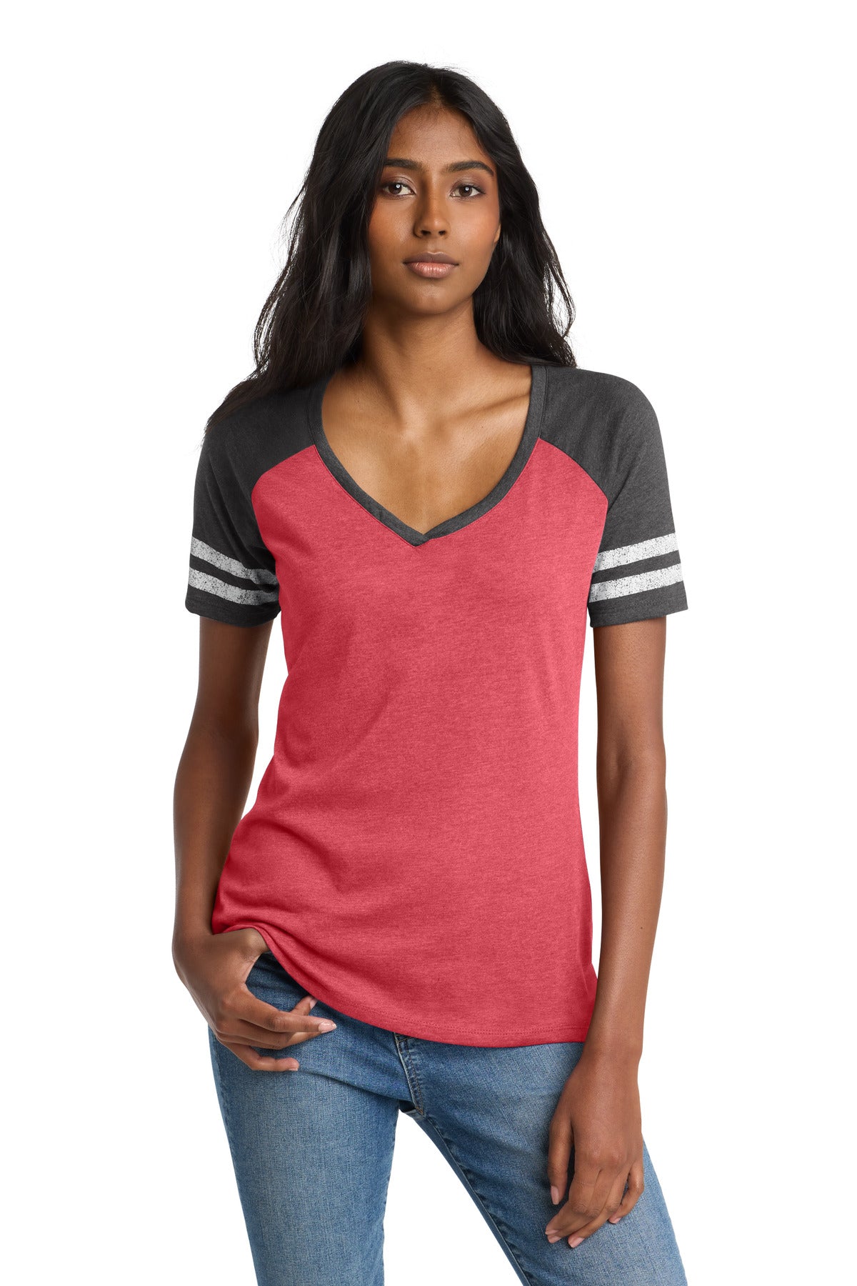 Custom Heathered Red/ Heathered Charcoal Women's Game V-Neck Tee DM476, personalized by SanCanDo Swag in Argyle, TX
