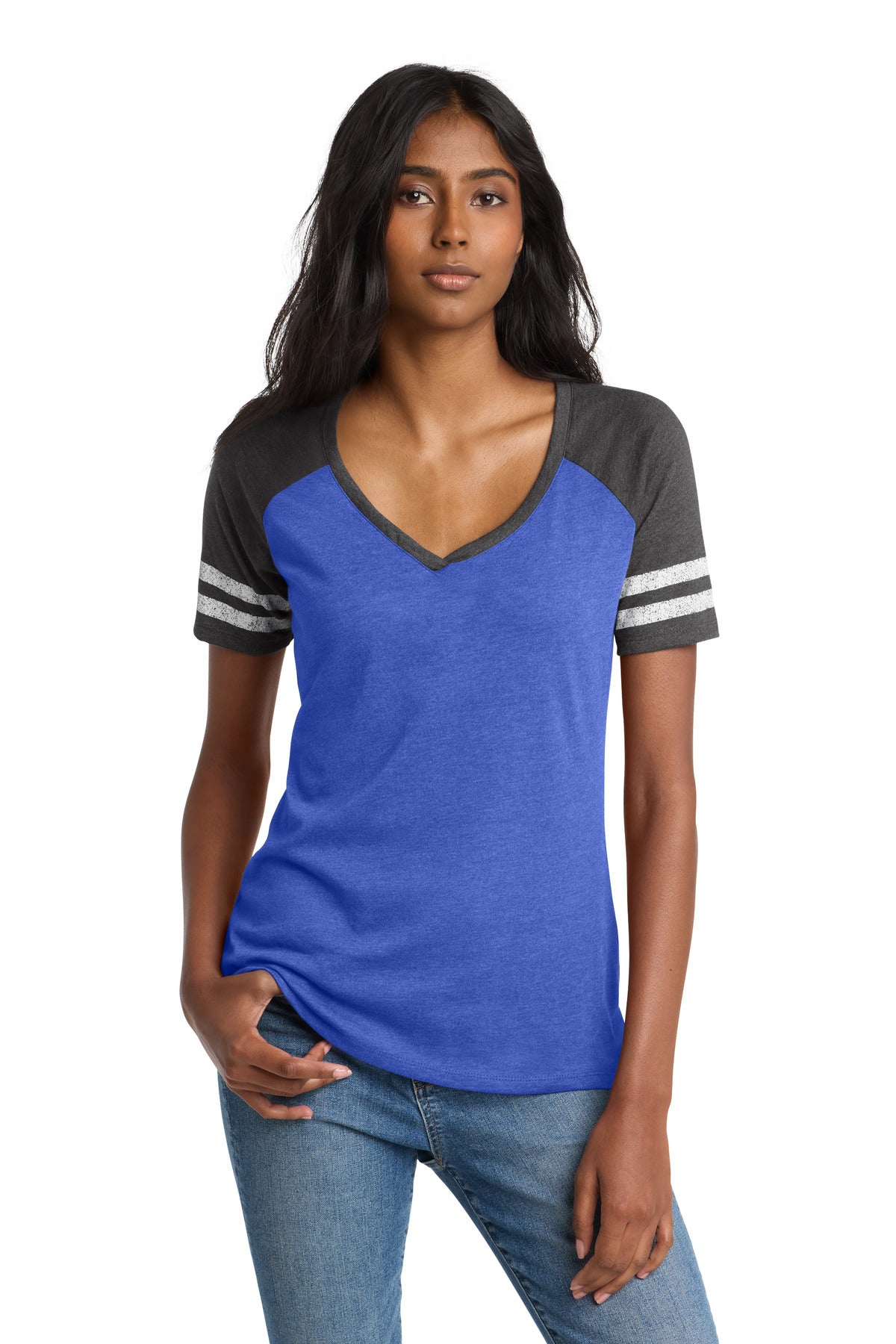 Custom Heathered True Royal/ Heathered Charcoal Women's Game V-Neck Tee DM476, personalized by SanCanDo Swag in Argyle, TX