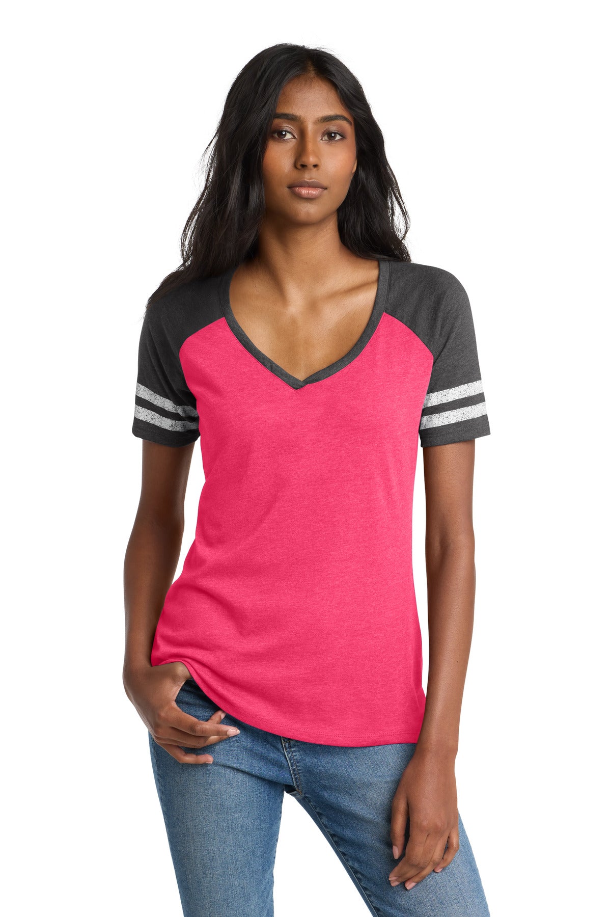Custom Heathered Watermelon/ Heathered Charcoal Women's Game V-Neck Tee DM476, personalized by SanCanDo Swag in Argyle, TX