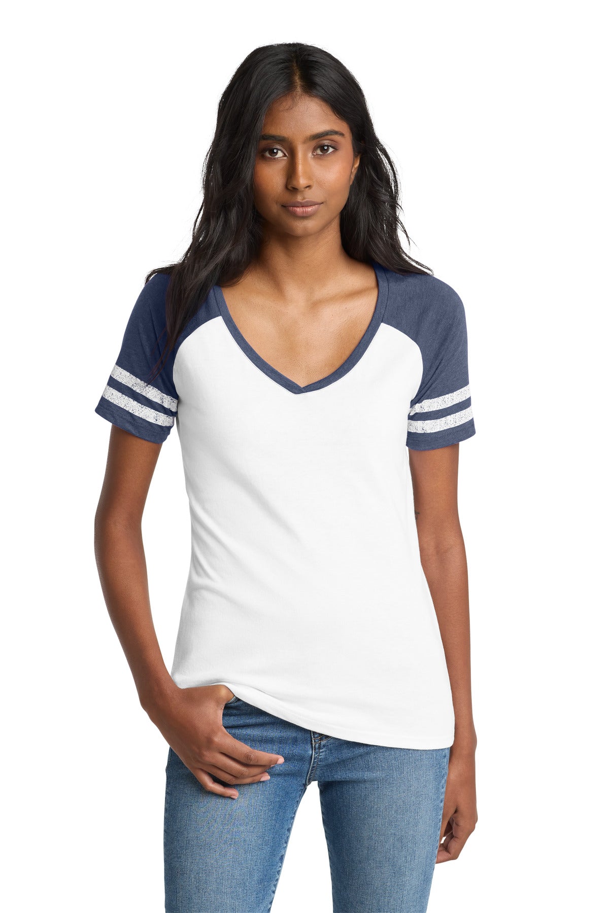 Custom White/ Heathered True Navy Women's Game V-Neck Tee DM476, personalized by SanCanDo Swag in Argyle, TX