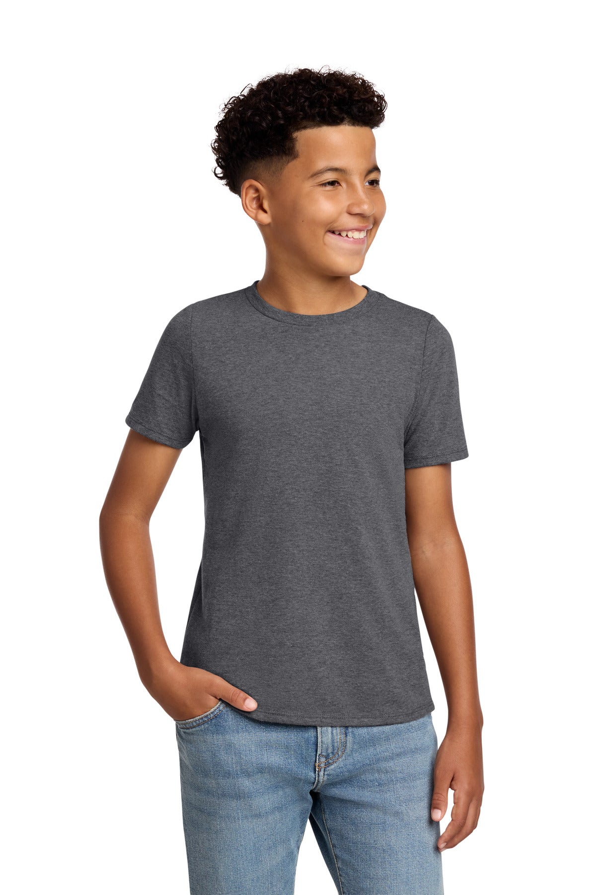 Custom Heathered Charcoal Youth Perfect Blend CVC Tee DT108Y, personalized by SanCanDo Swag in Argyle, TX