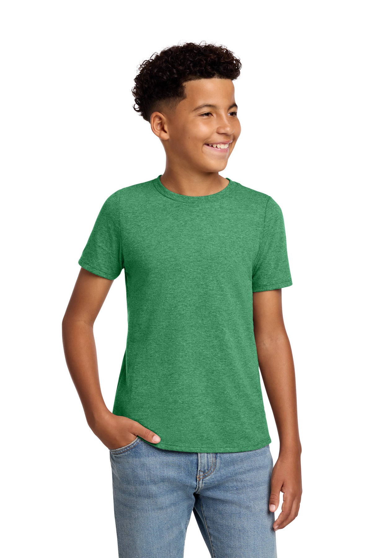 Custom Heathered Kelly Green Youth Perfect Blend CVC Tee DT108Y, personalized by SanCanDo Swag in Argyle, TX