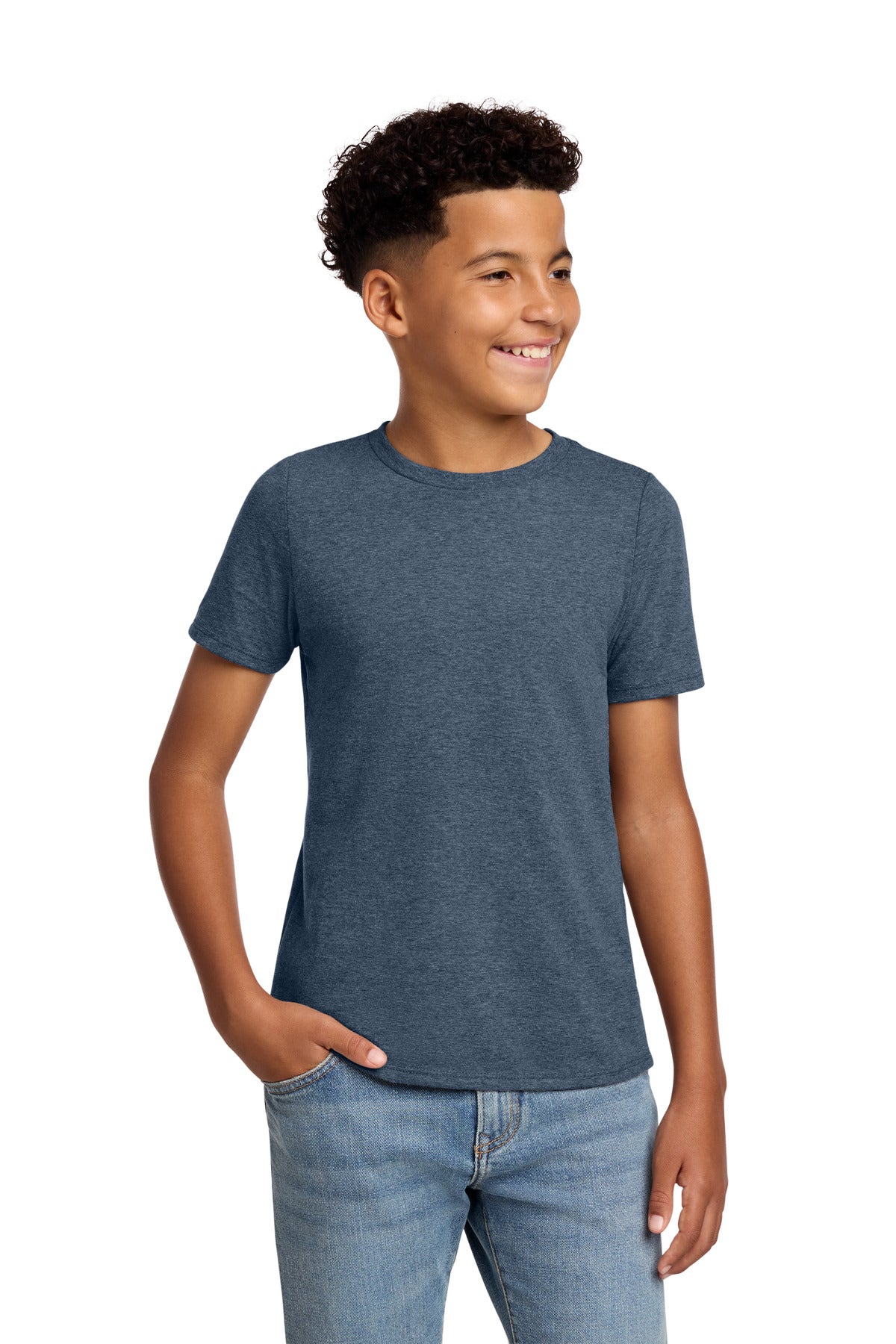 Custom Heathered Navy Youth Perfect Blend CVC Tee DT108Y, personalized by SanCanDo Swag in Argyle, TX