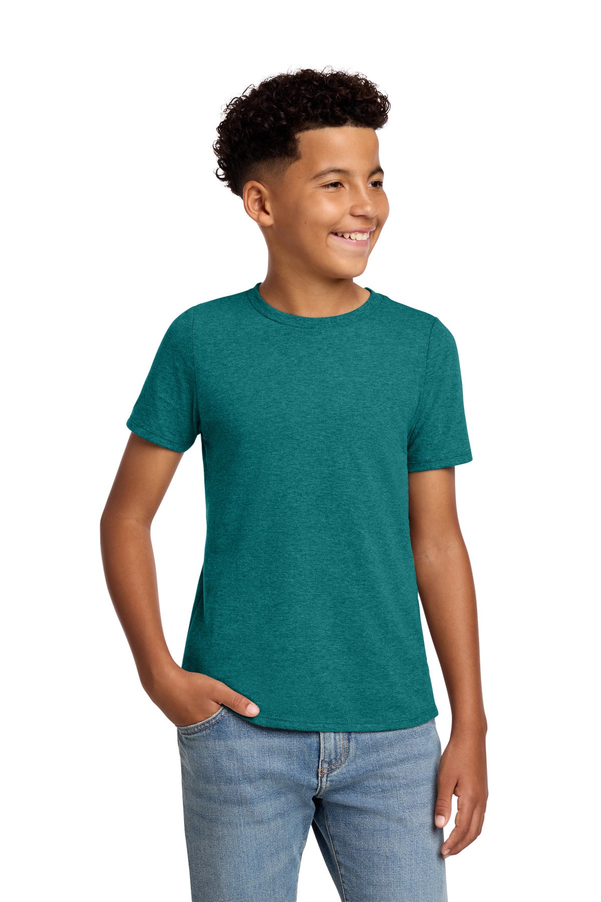 Custom Heathered Teal Youth Perfect Blend CVC Tee DT108Y, personalized by SanCanDo Swag in Argyle, TX