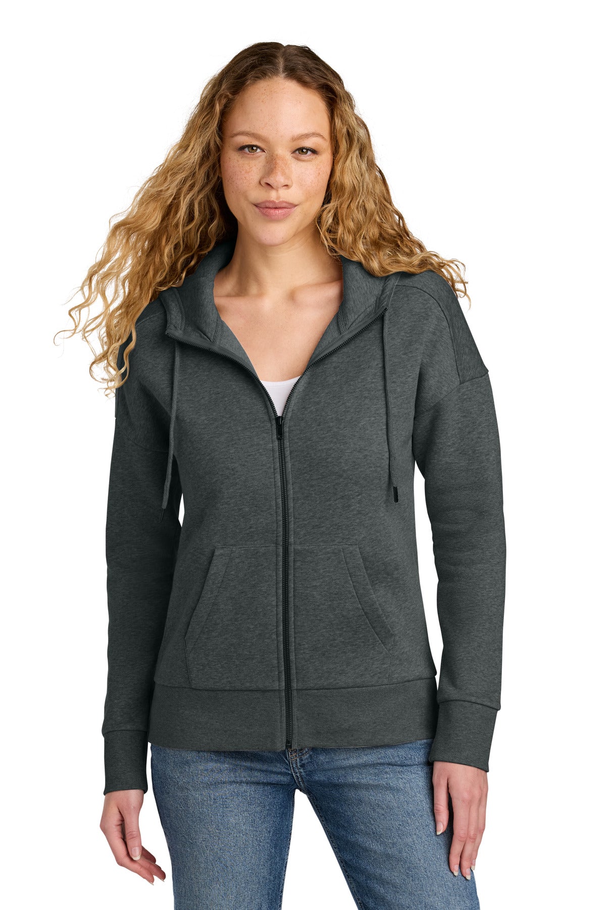 Custom Heathered Charcoal Drop Shoulder Full-Zip Hoodie DT1104, personalized by SanCanDo Swag in Argyle, TX