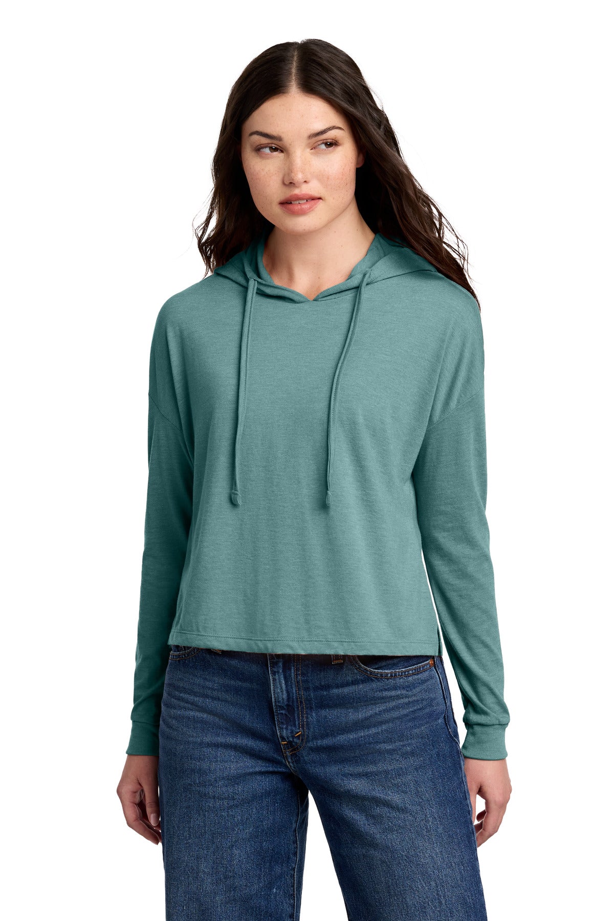 Custom Heathered Eucalyptus Blue Perfect Tri Midi Long Sleeve Hoodie DT1390L, personalized by SanCanDo Swag in Argyle, TX