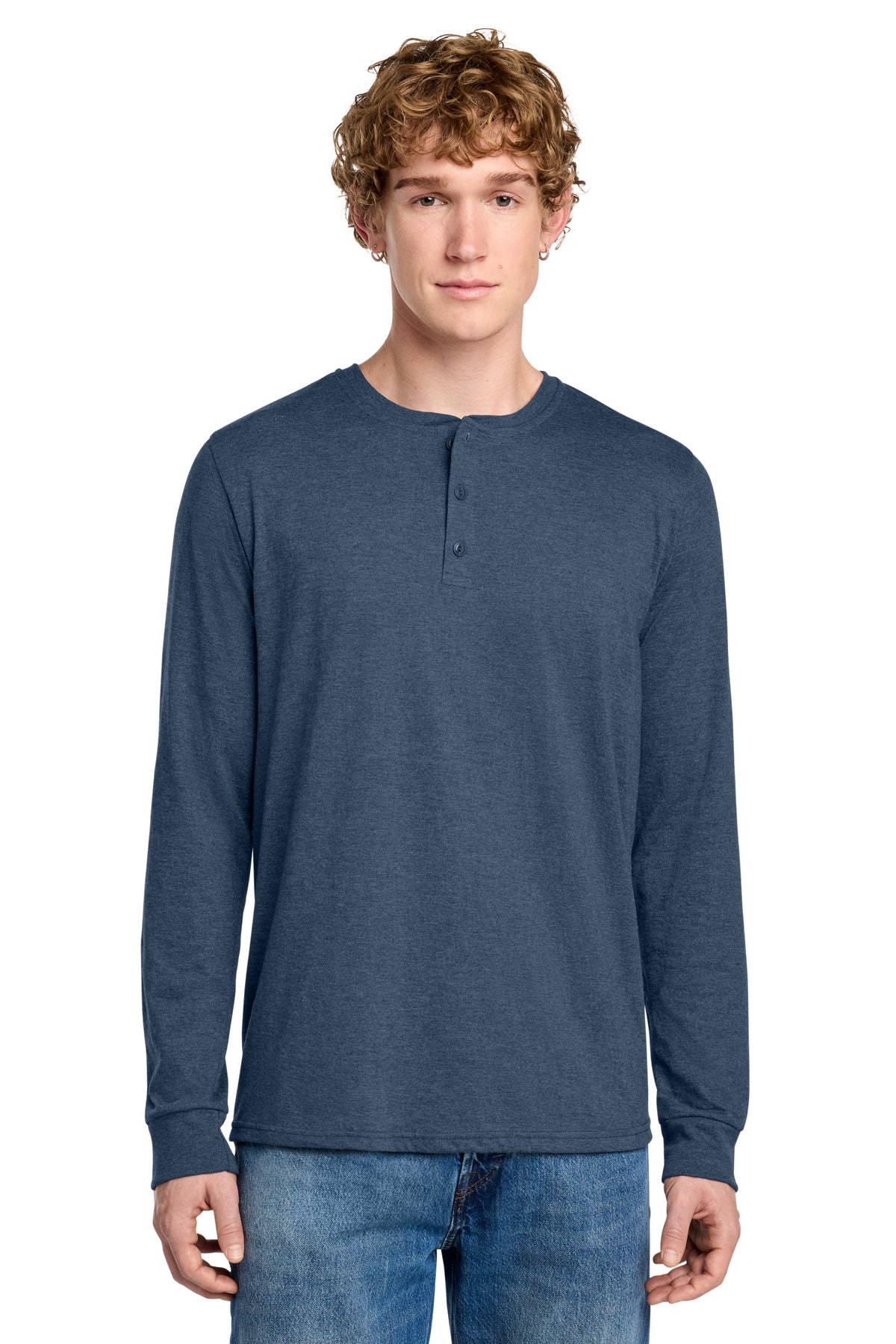 Custom Navy Frost Perfect Tri Long Sleeve Henley DT145, personalized by SanCanDo Swag in Argyle, TX