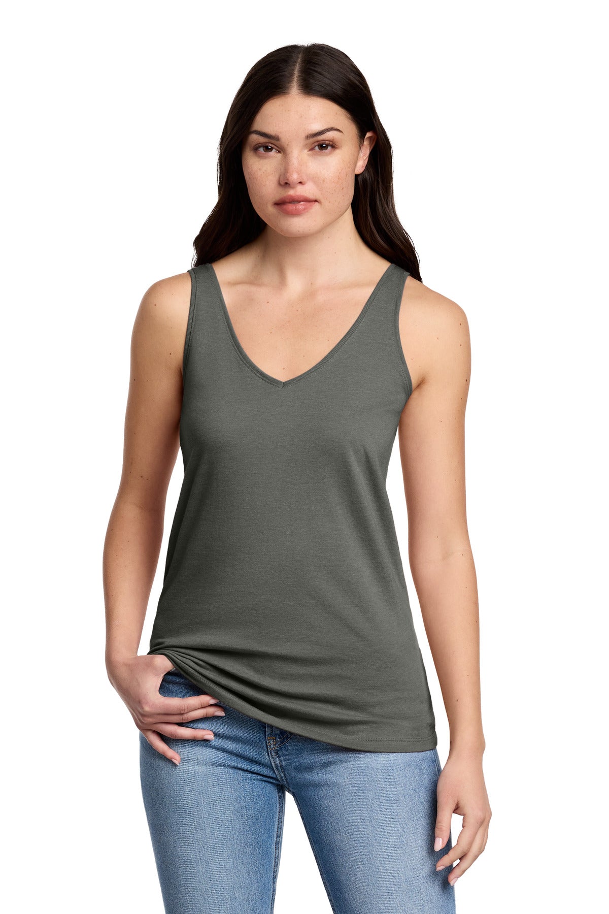 Custom Heathered Charcoal Women's Perfect Blend CVC V-Neck Tank DT154, personalized by SanCanDo Swag in Argyle, TX