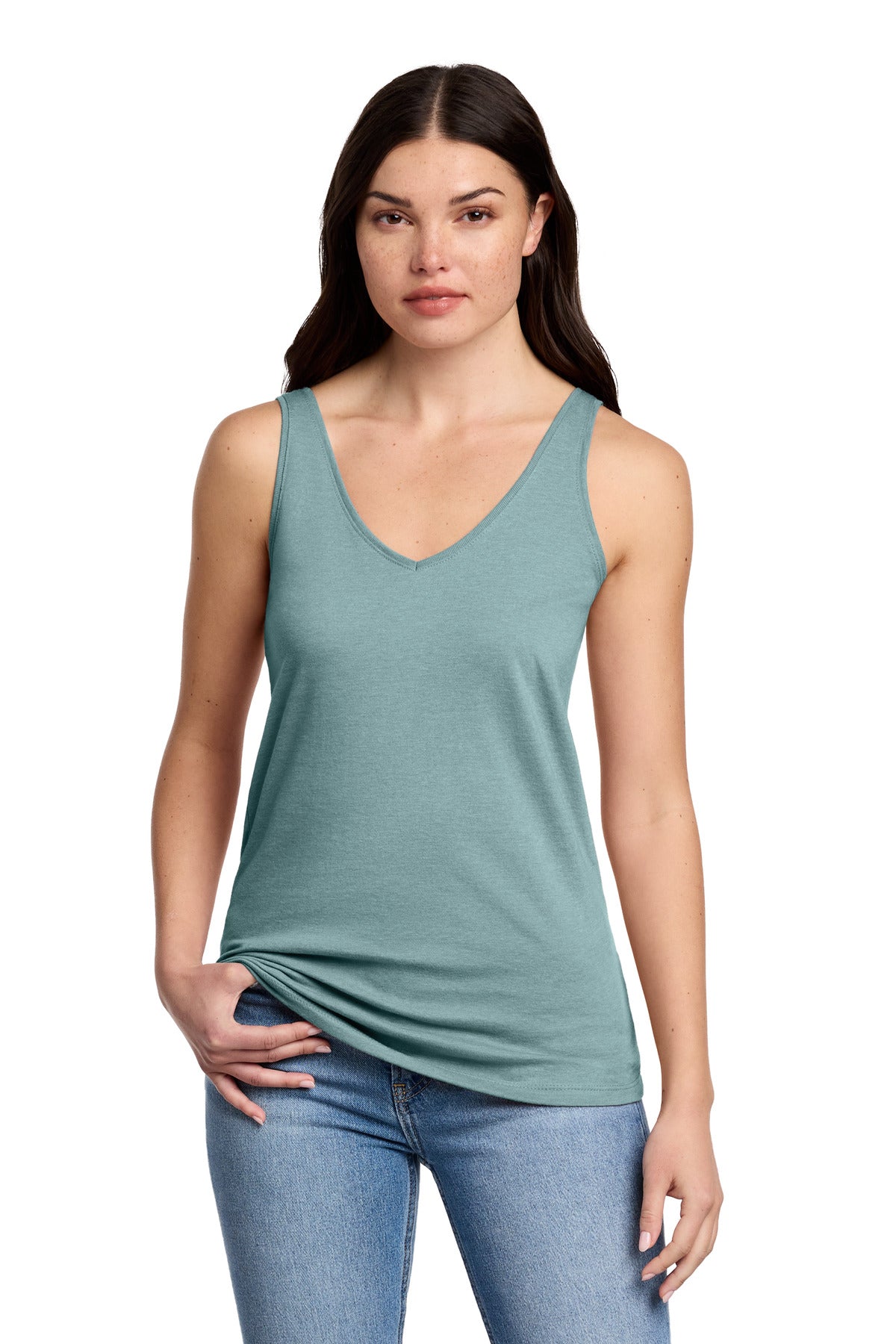 Custom Heathered Eucalyptus Blue Women's Perfect Blend CVC V-Neck Tank DT154, personalized by SanCanDo Swag in Argyle, TX