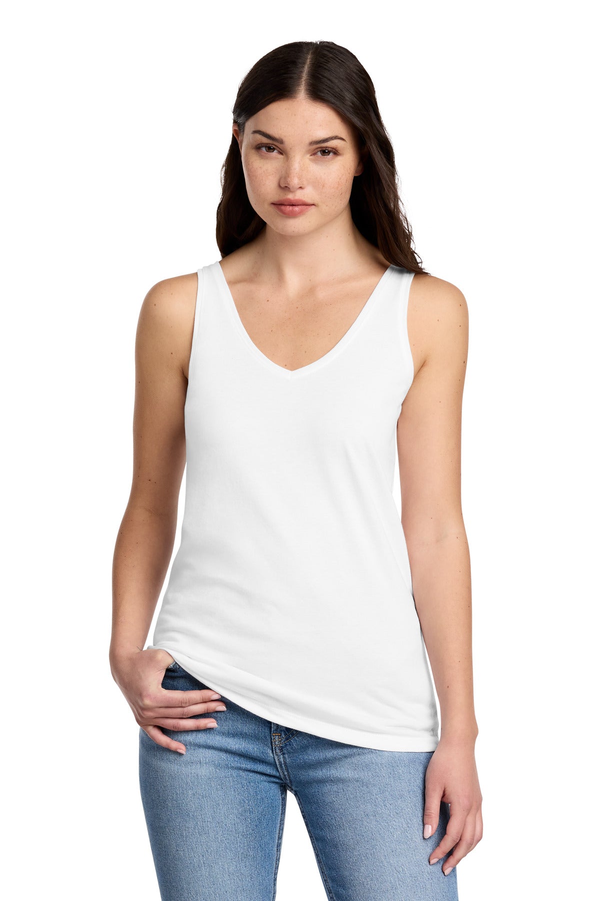 Custom White Women's Perfect Blend CVC V-Neck Tank DT154, personalized by SanCanDo Swag in Argyle, TX