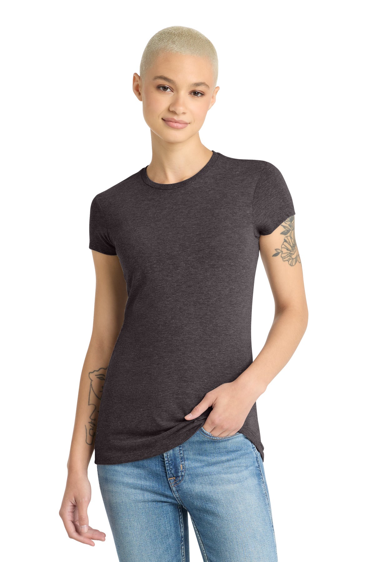 Custom Heathered Charcoal Women's Fitted Perfect Tri Tee DT155, personalized by SanCanDo Swag in Argyle, TX