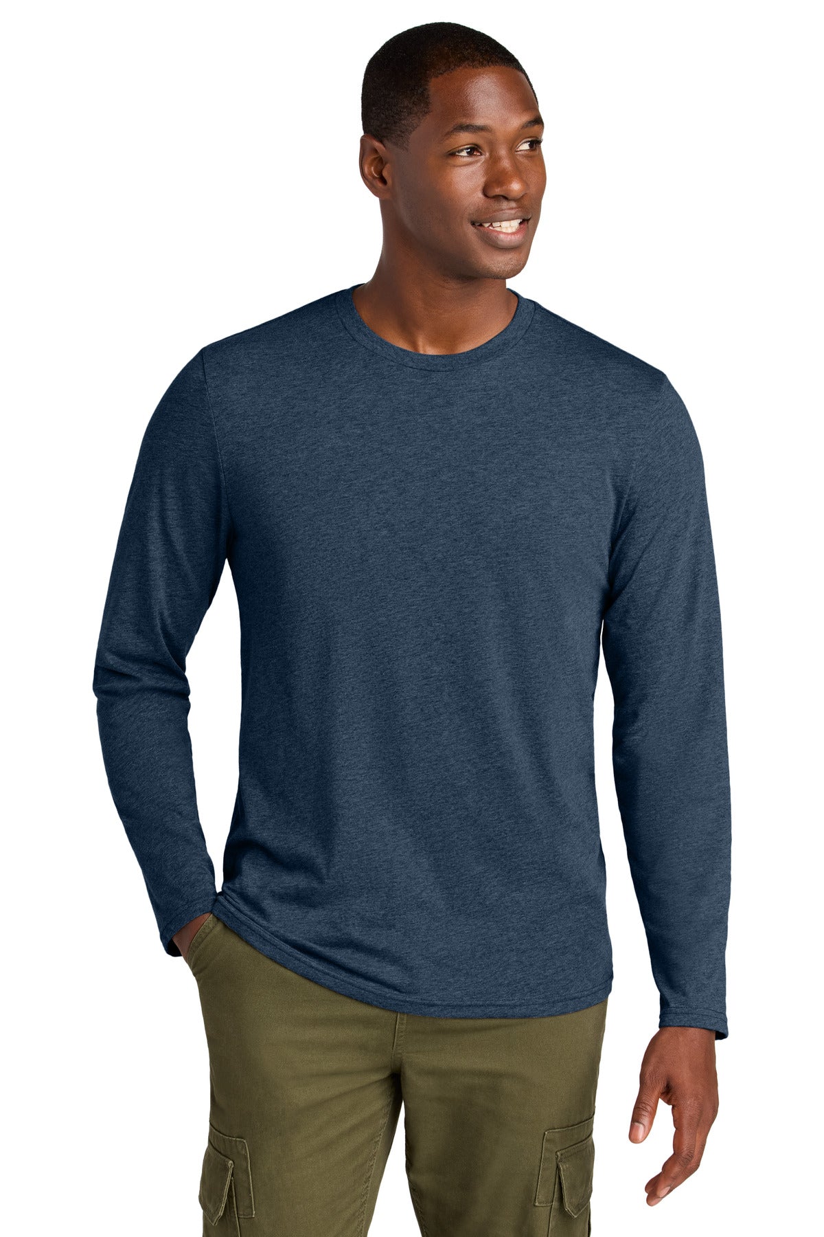 Custom Heathered Navy Perfect Weight CVC Long Sleeve Tee DT185, personalized by SanCanDo Swag in Argyle, TX