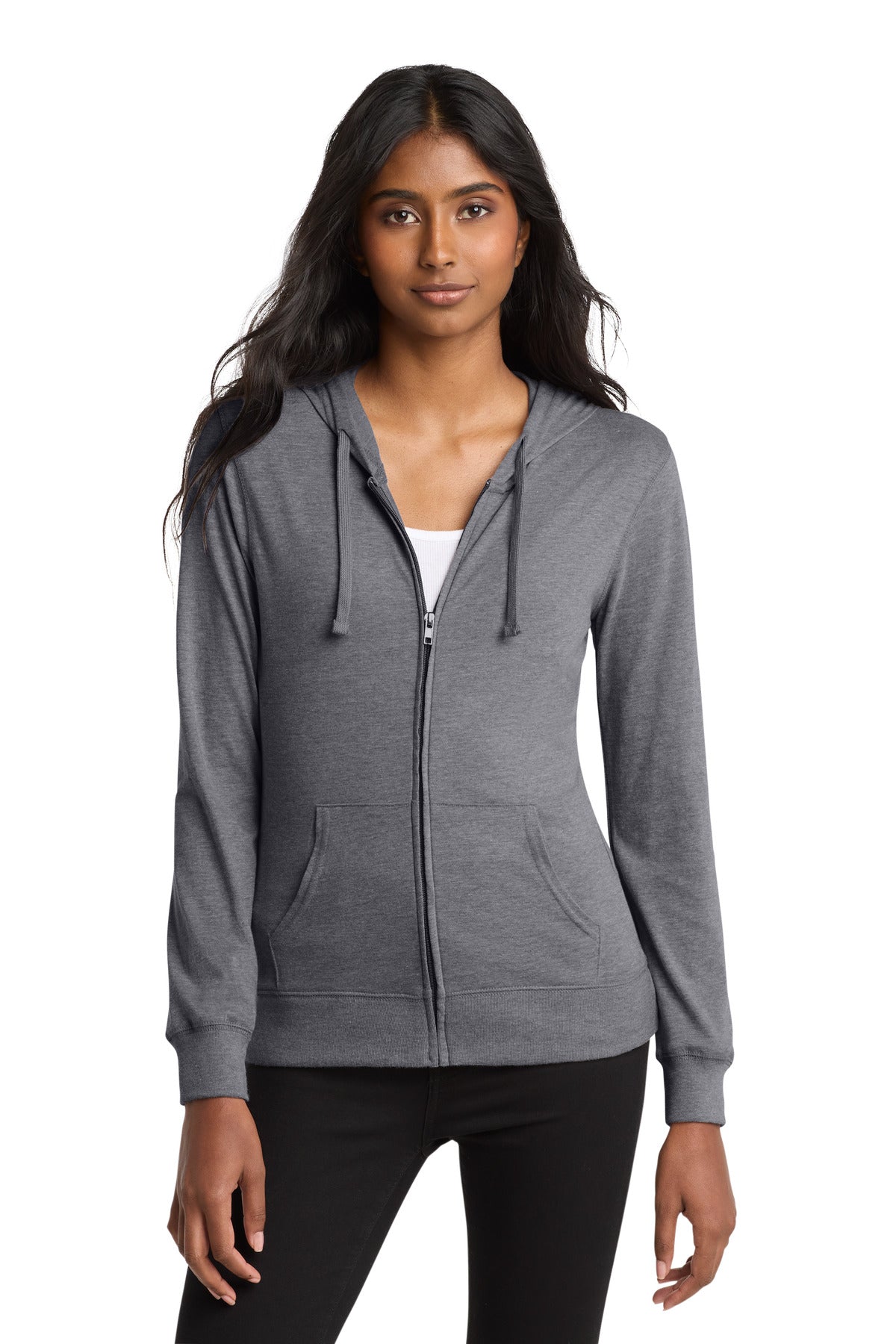 Custom Dark Heather Grey Women's Fitted Jersey Full-Zip Hoodie DT2100, personalized by SanCanDo Swag in Argyle, TX