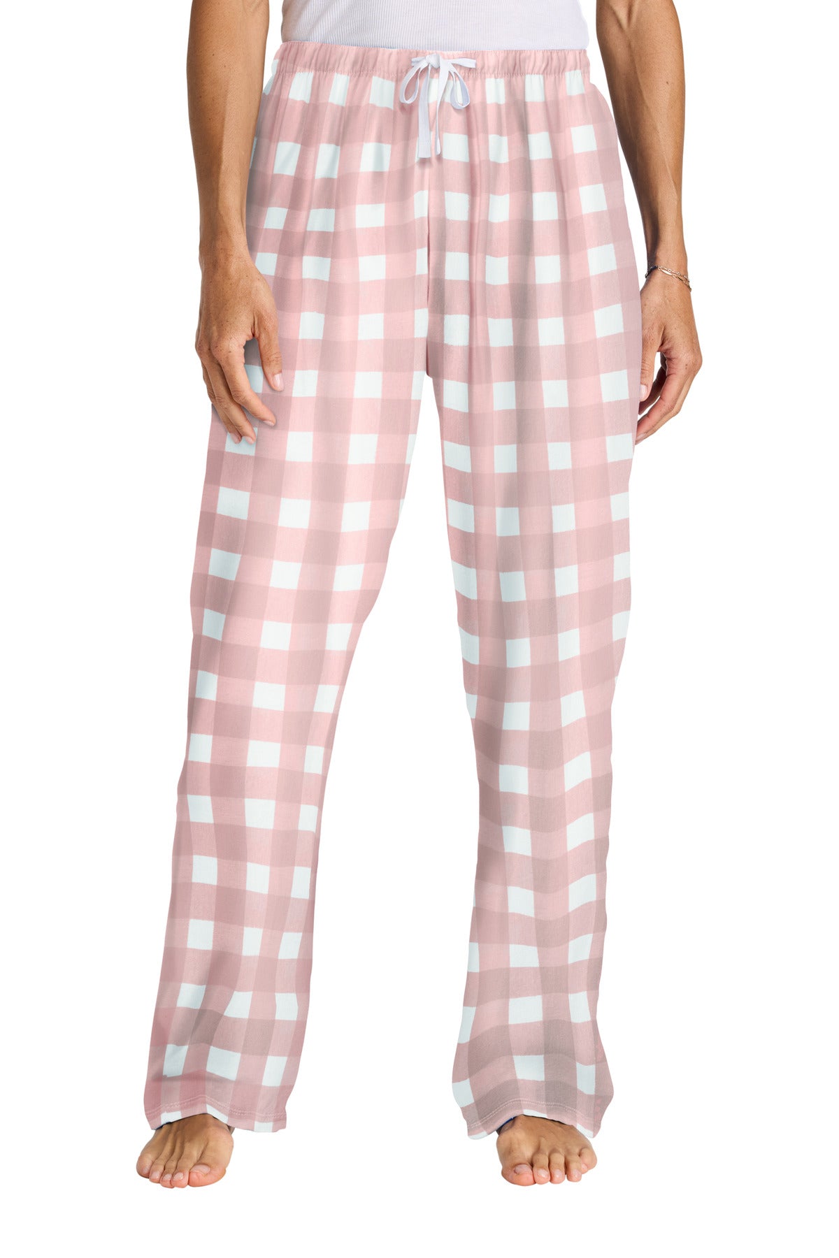 Custom Light Pink/ White Buffalo Check Women's Flannel Plaid Pant DT2800, personalized by SanCanDo Swag in Argyle, TX
