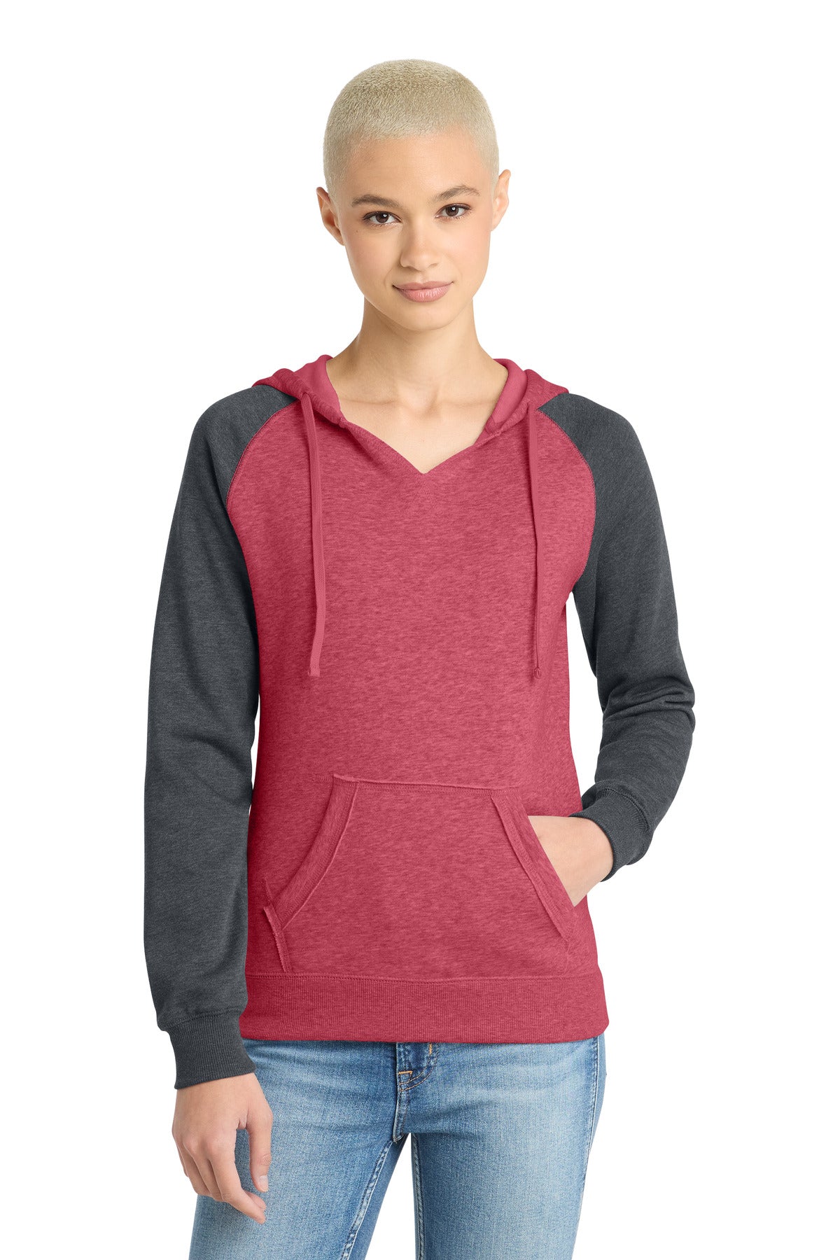 Custom Heathered Red/ Heathered Charcoal Women's Lightweight Fleece Raglan Hoodie DT296, personalized by SanCanDo Swag in Argyle, TX