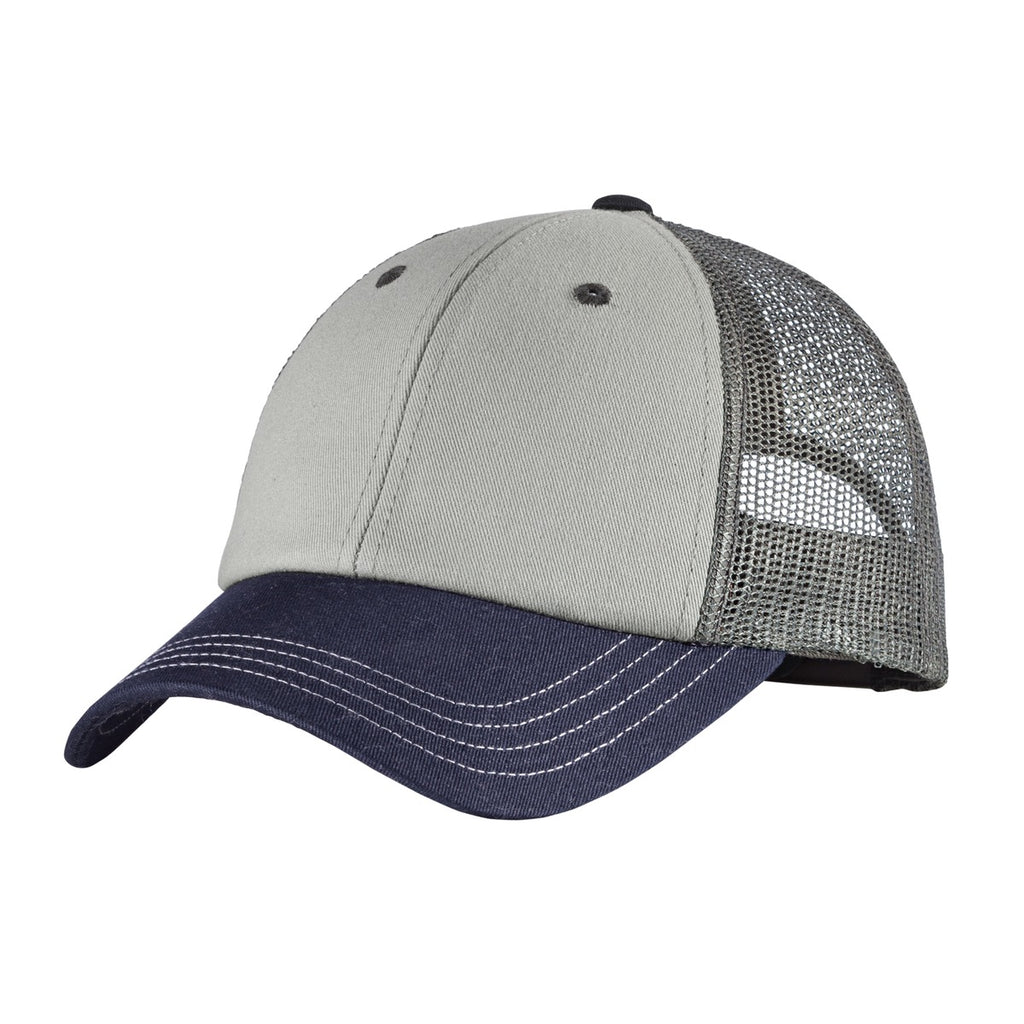 Custom Chrome/ New Navy/ Charcoal Tri-Tone Mesh Back Cap DT616, personalized by SanCanDo Swag in Argyle, TX
