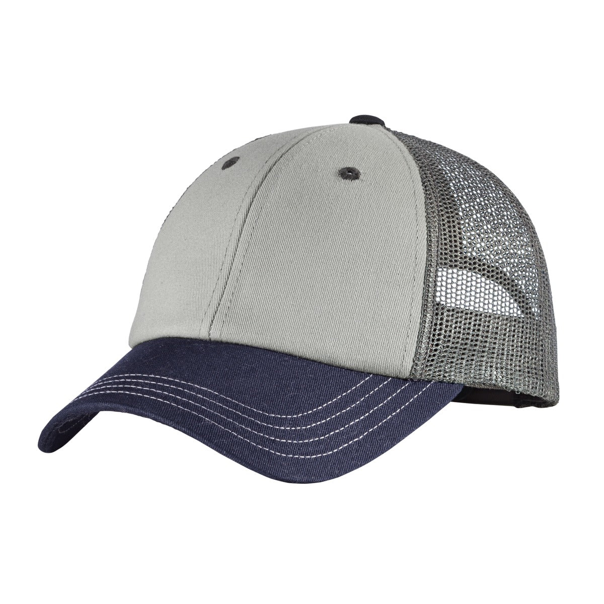 Custom Chrome/ New Navy/ Charcoal Tri-Tone Mesh Back Cap DT616, personalized by SanCanDo Swag in Argyle, TX