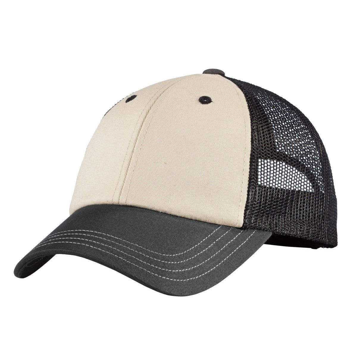 Custom Sandstone/ Charcoal/ Black Tri-Tone Mesh Back Cap DT616, personalized by SanCanDo Swag in Argyle, TX