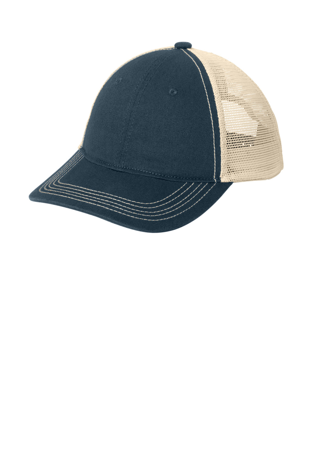 Custom New Navy/ Stone Super Soft Mesh Back Cap DT630, personalized by SanCanDo Swag in Argyle, TX