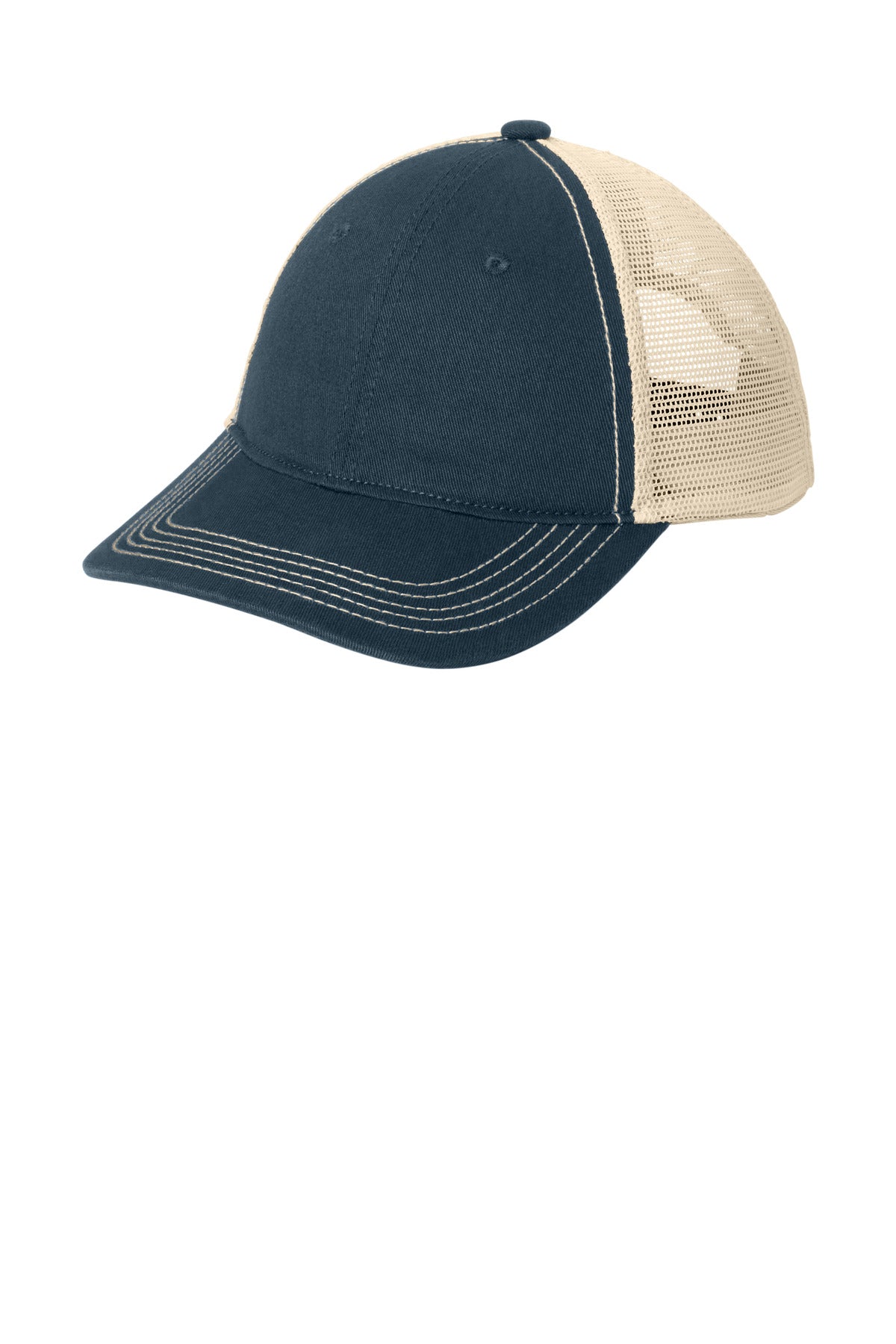 Custom New Navy/ Stone Super Soft Mesh Back Cap DT630, personalized by SanCanDo Swag in Argyle, TX