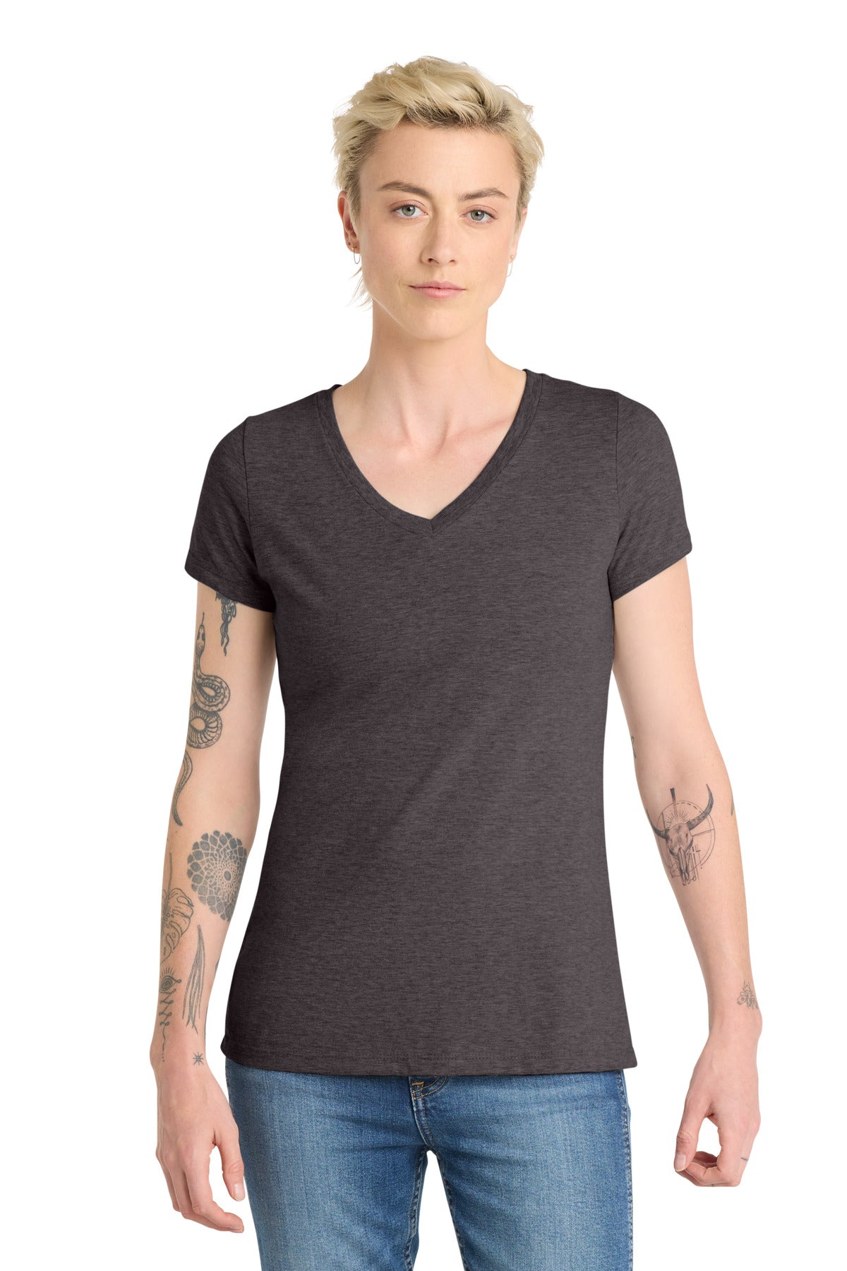 Custom Heathered Charcoal Women's V.I.T. Tee V-Neck DT6503, personalized by SanCanDo Swag in Argyle, TX