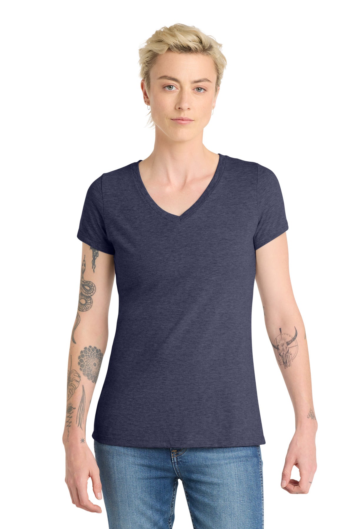 Custom Heathered Navy Women's V.I.T. Tee V-Neck DT6503, personalized by SanCanDo Swag in Argyle, TX