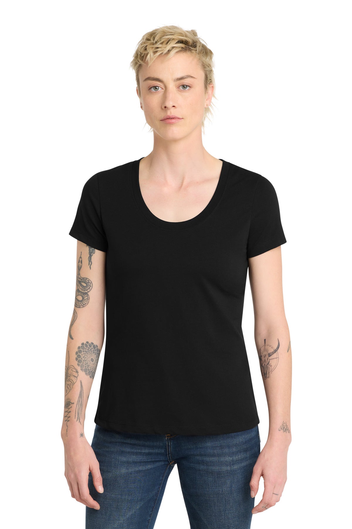Custom Black Women's Flex Scoop Neck Tee DT7501, personalized by SanCanDo Swag in Argyle, TX
