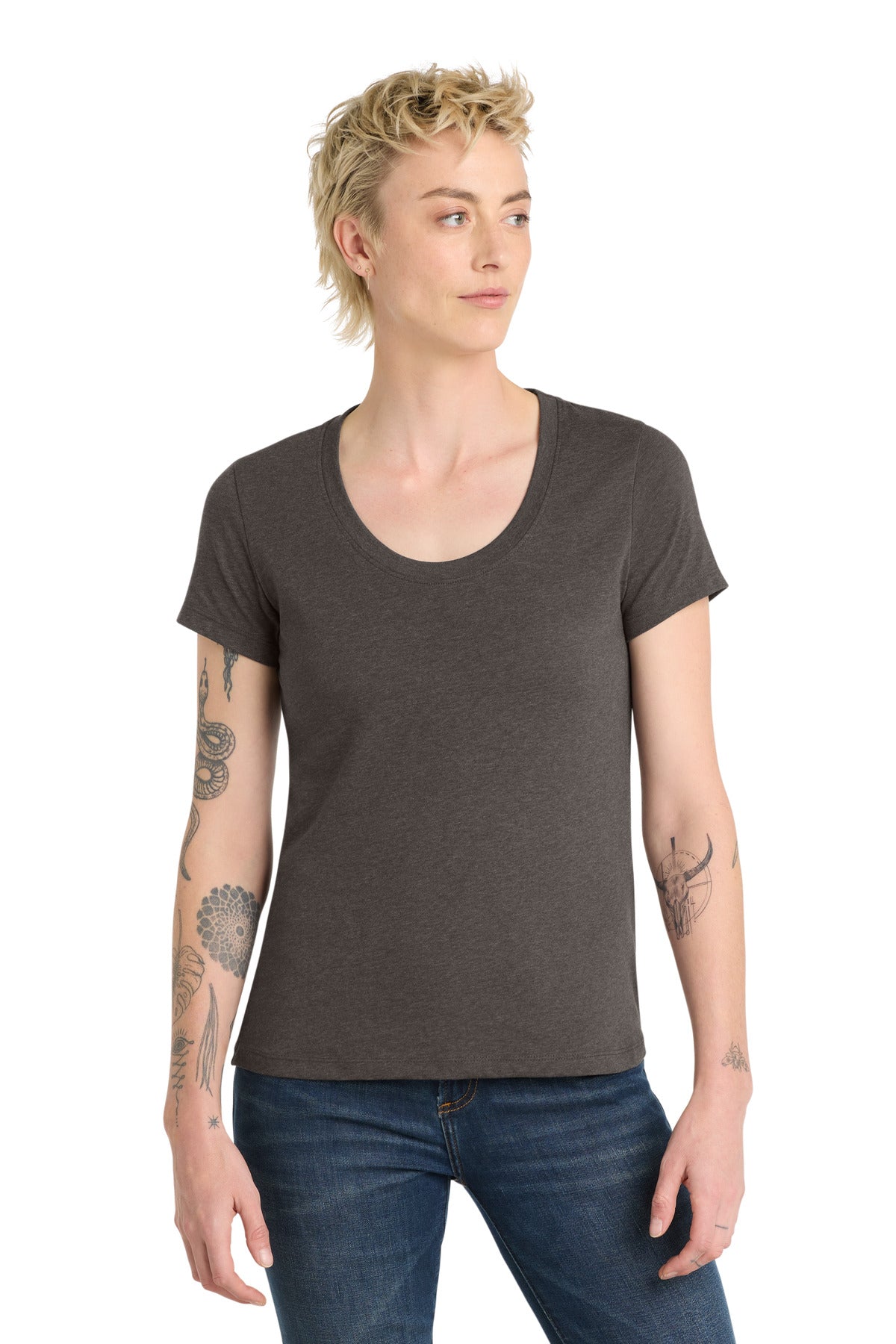 Custom Heathered Charcoal Women's Flex Scoop Neck Tee DT7501, personalized by SanCanDo Swag in Argyle, TX