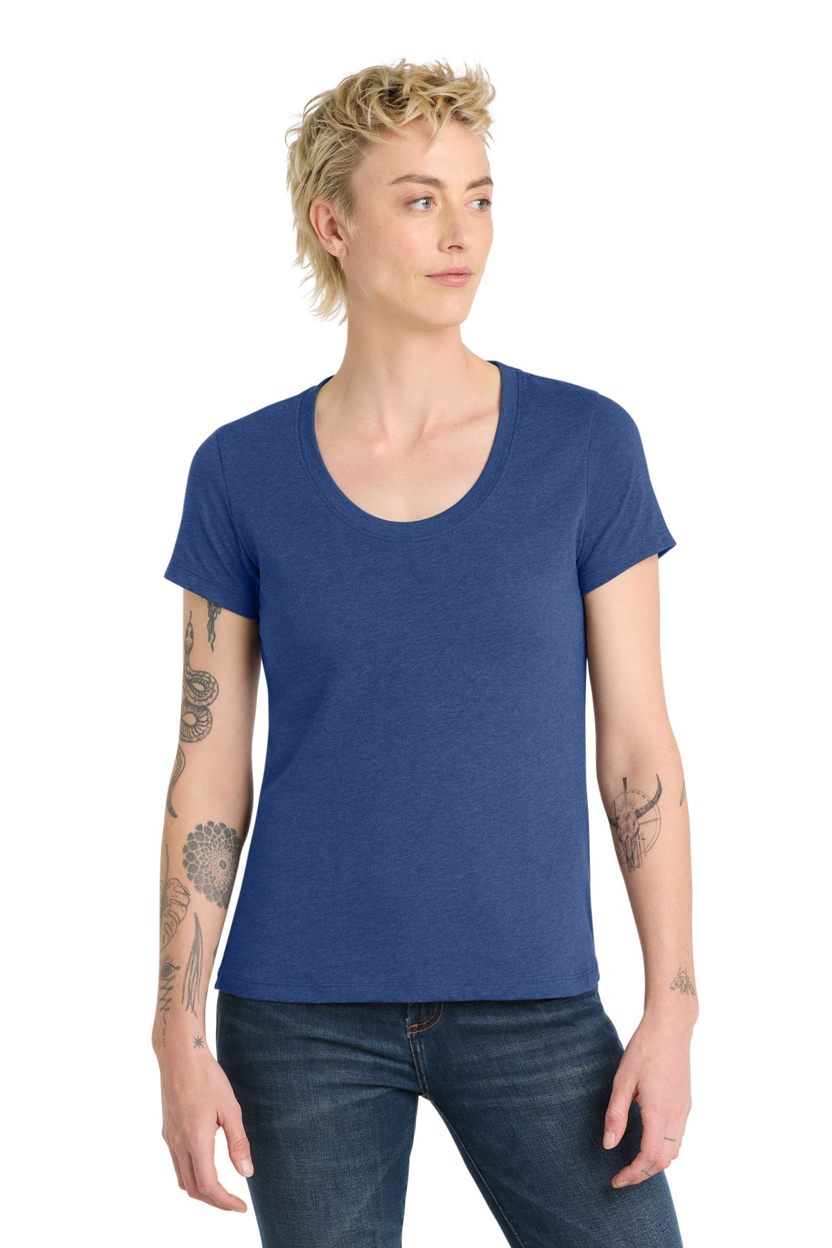 Custom Heathered Deep Royal Women's Flex Scoop Neck Tee DT7501, personalized by SanCanDo Swag in Argyle, TX