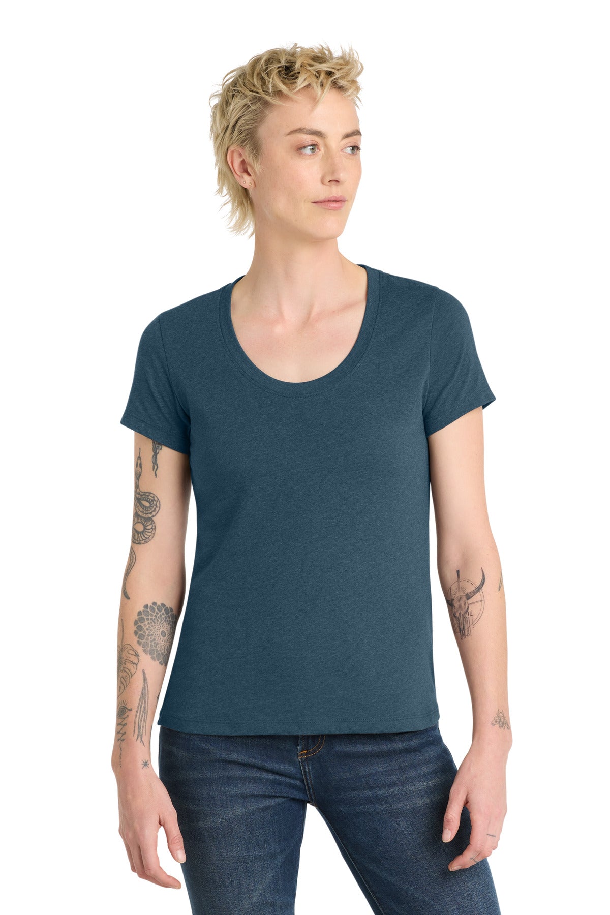 Custom Heathered Neptune Blue Women's Flex Scoop Neck Tee DT7501, personalized by SanCanDo Swag in Argyle, TX