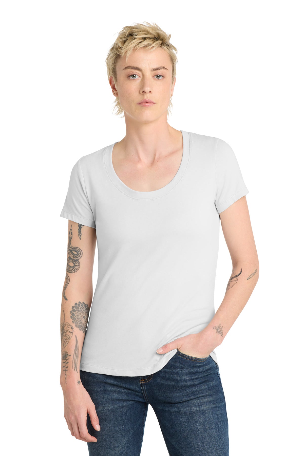 Custom White Women's Flex Scoop Neck Tee DT7501, personalized by SanCanDo Swag in Argyle, TX