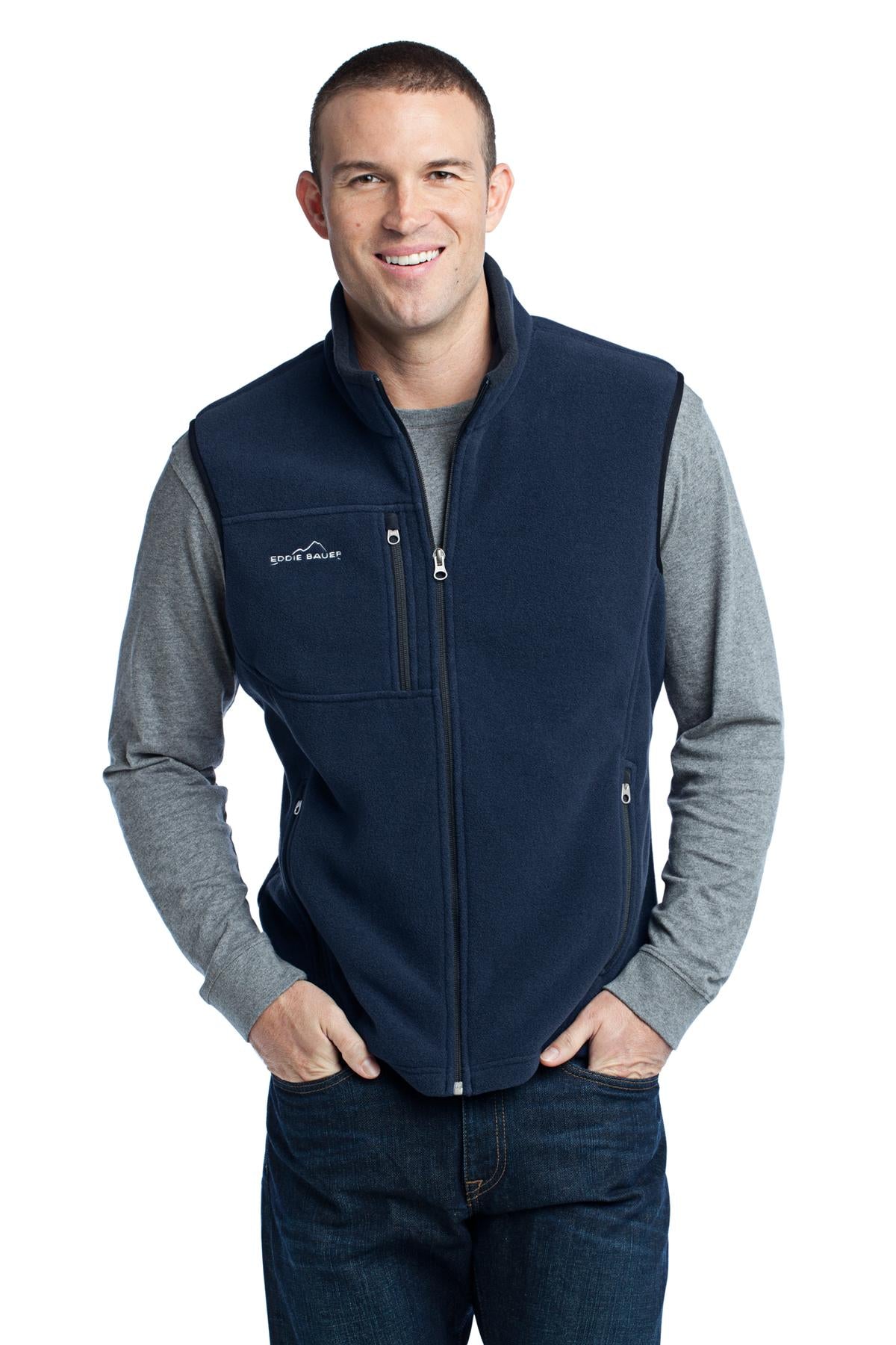 Custom River Blue Navy Fleece Vest EB204, personalized by SanCanDo Swag in Argyle, TX