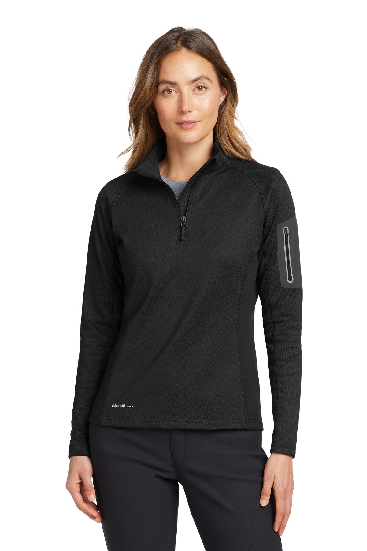 Custom Black Women's 1/2-Zip Performance Fleece EB235, personalized by SanCanDo Swag in Argyle, TX