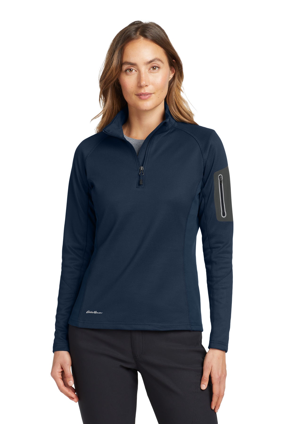 Custom River Blue Navy Women's 1/2-Zip Performance Fleece EB235, personalized by SanCanDo Swag in Argyle, TX