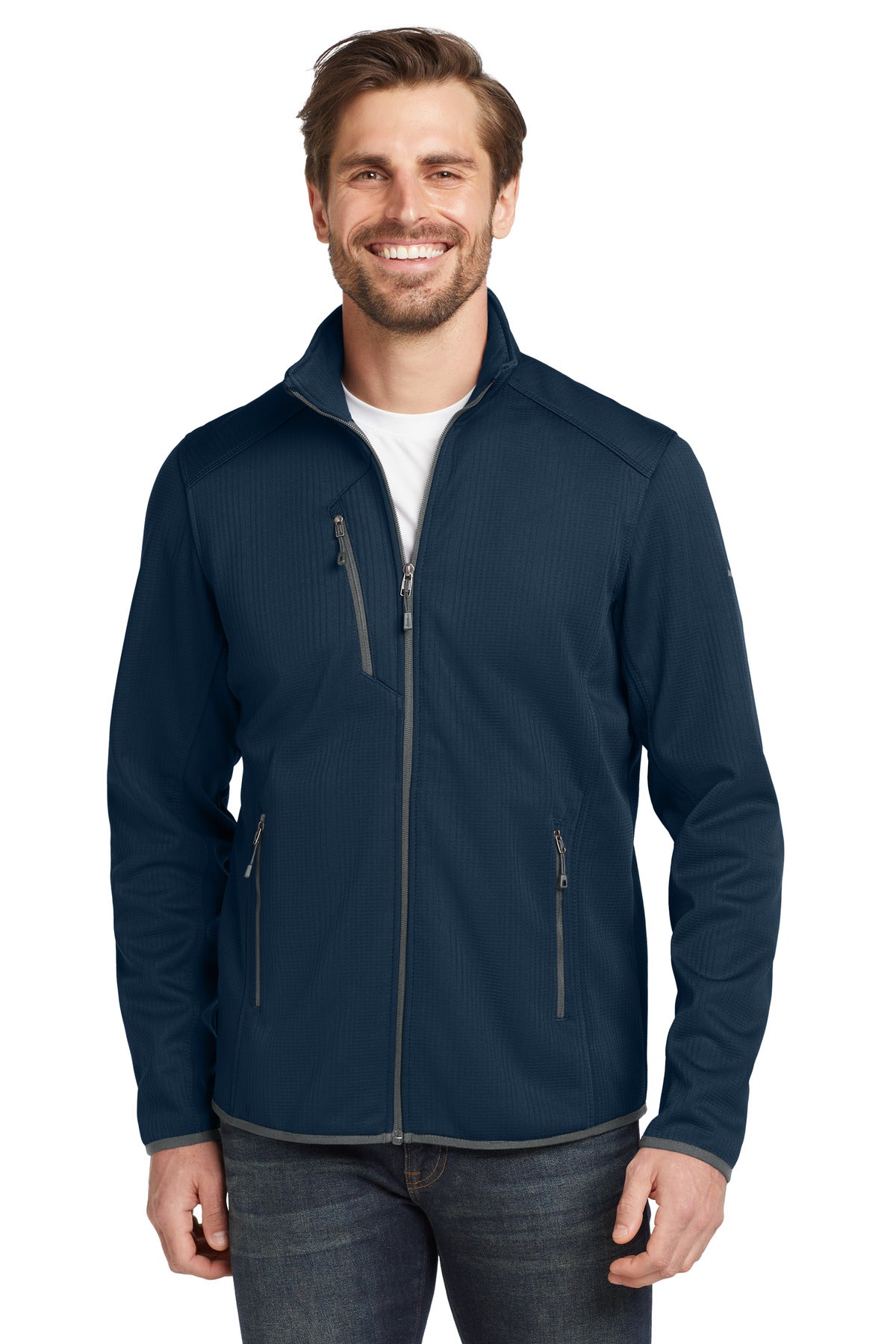 Custom River Blue Navy Dash Full-Zip Fleece Jacket EB242, personalized by SanCanDo Swag in Argyle, TX